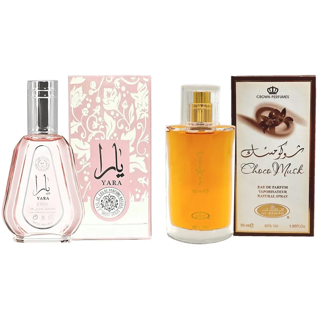Al Rehab Choco Musk 1.65 Fl Oz & Yara 1.7 Fl Oz EDP Perfume Sprays (Bundle)
