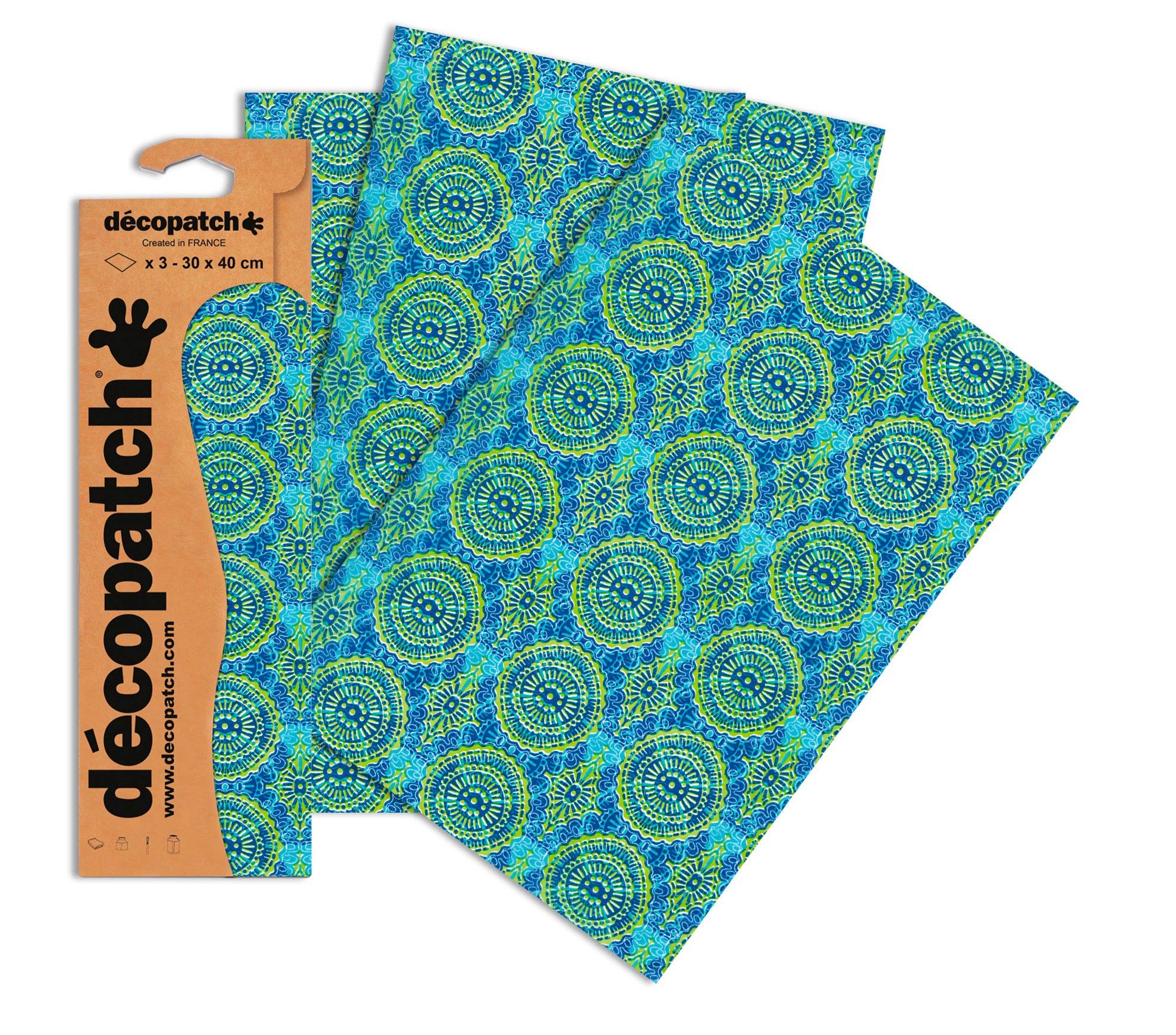 Decopatch Papers - Pack of 3 sheets - 11 3/4 x 15 3/4 - Blue/Green Ornamental