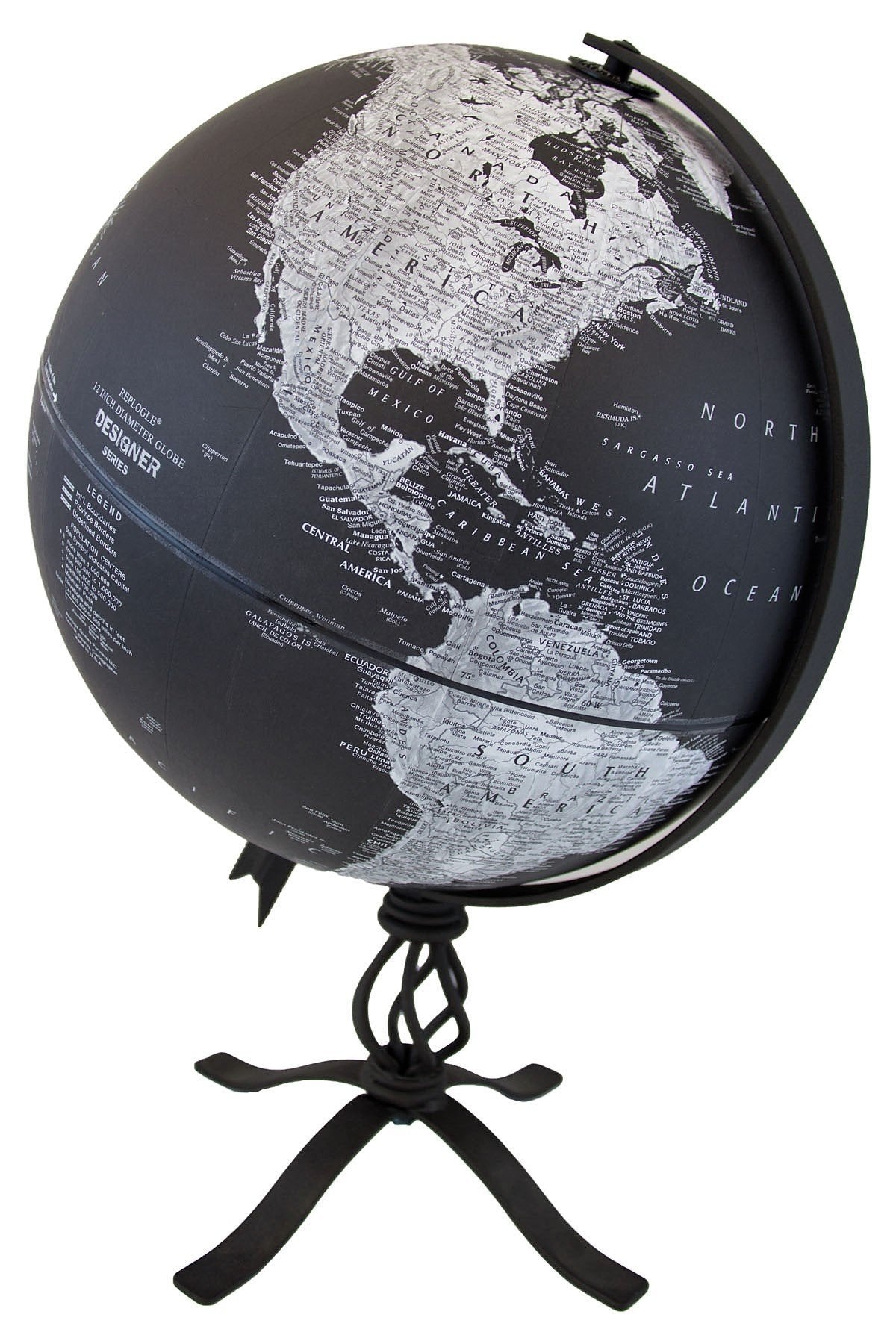 Replogle Hamilton 12-Inch Diameter Designer Series Globe - Black Ocean, Rustic Black Steel Stand, Raised Relief
