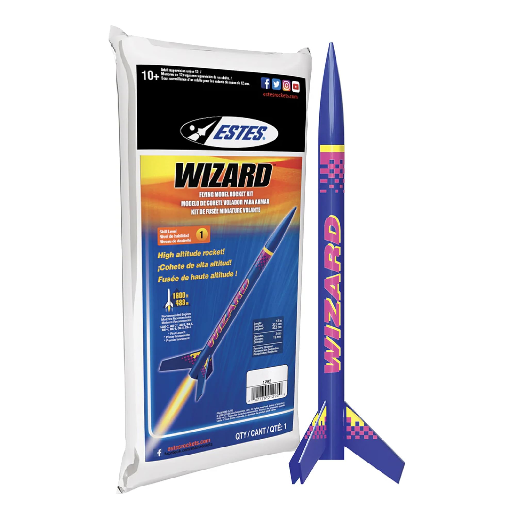 Estes 1292 Wizard Rocket-Building Kit, Intermediate Flying-Rocket-Model Kit
