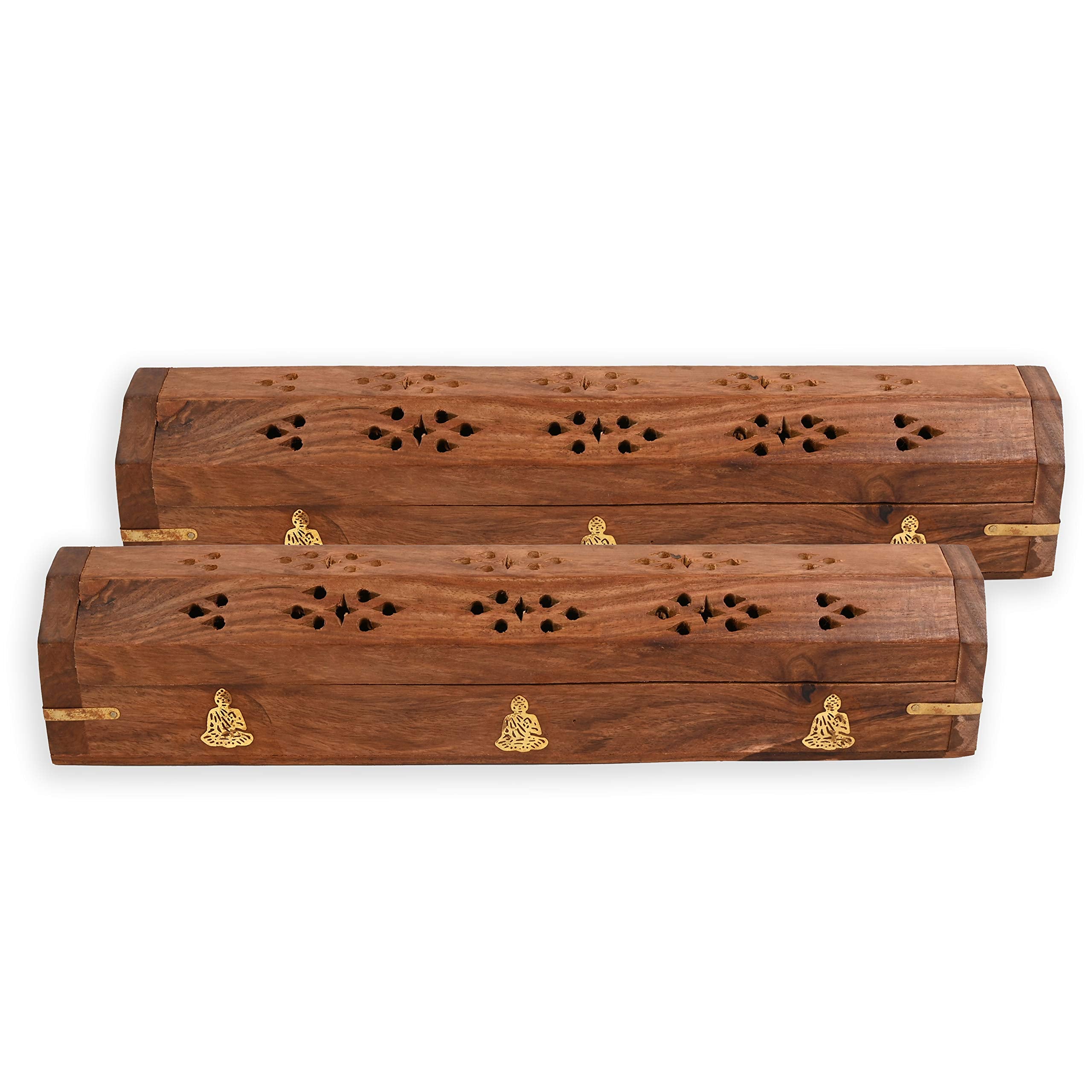 Paquete de 2 - Soporte para varillas de incienso - Estilo ataúd - Quemador de varillas de incienso de madera con incrustaciones de elefante (natural) Hecho a mano con incrustaciones de latón (Buda)