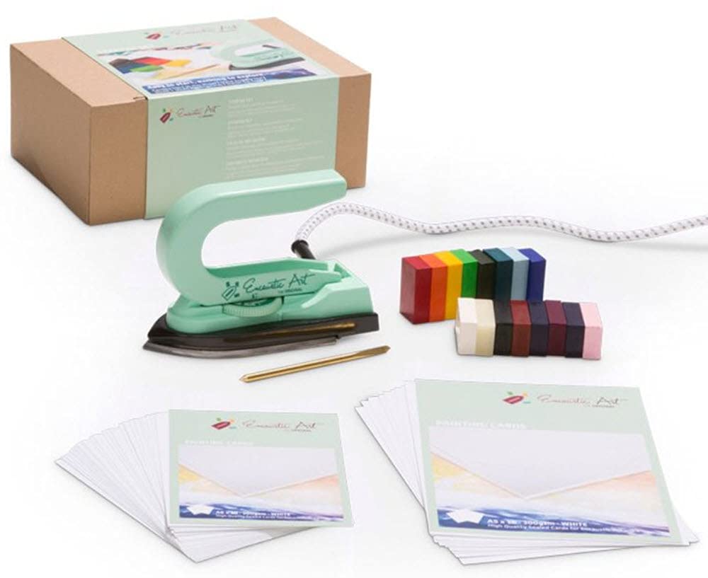Arte encáustico original: kit de inicio para encáustica: incluye plancha para pintar, juego básico de bloques de cera, tarjetas y herramienta para trazar: suministros para pintura encáustica
