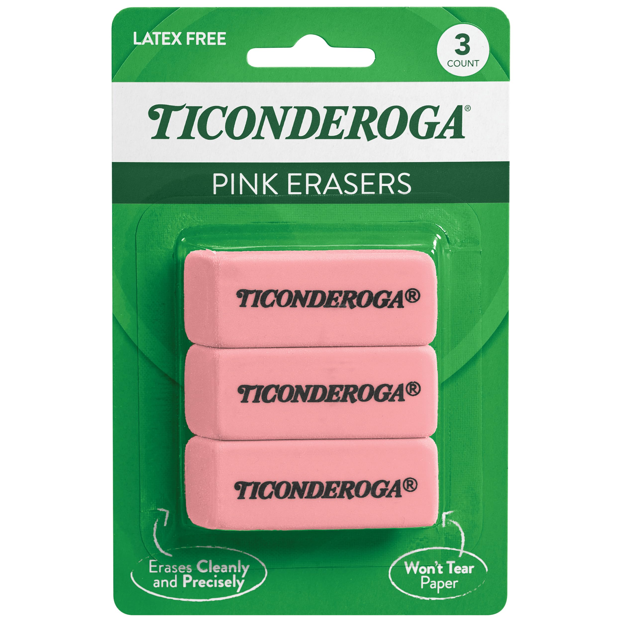 Ticonderoga Wedge Erasers, Pink, Latex Free, 3 Count