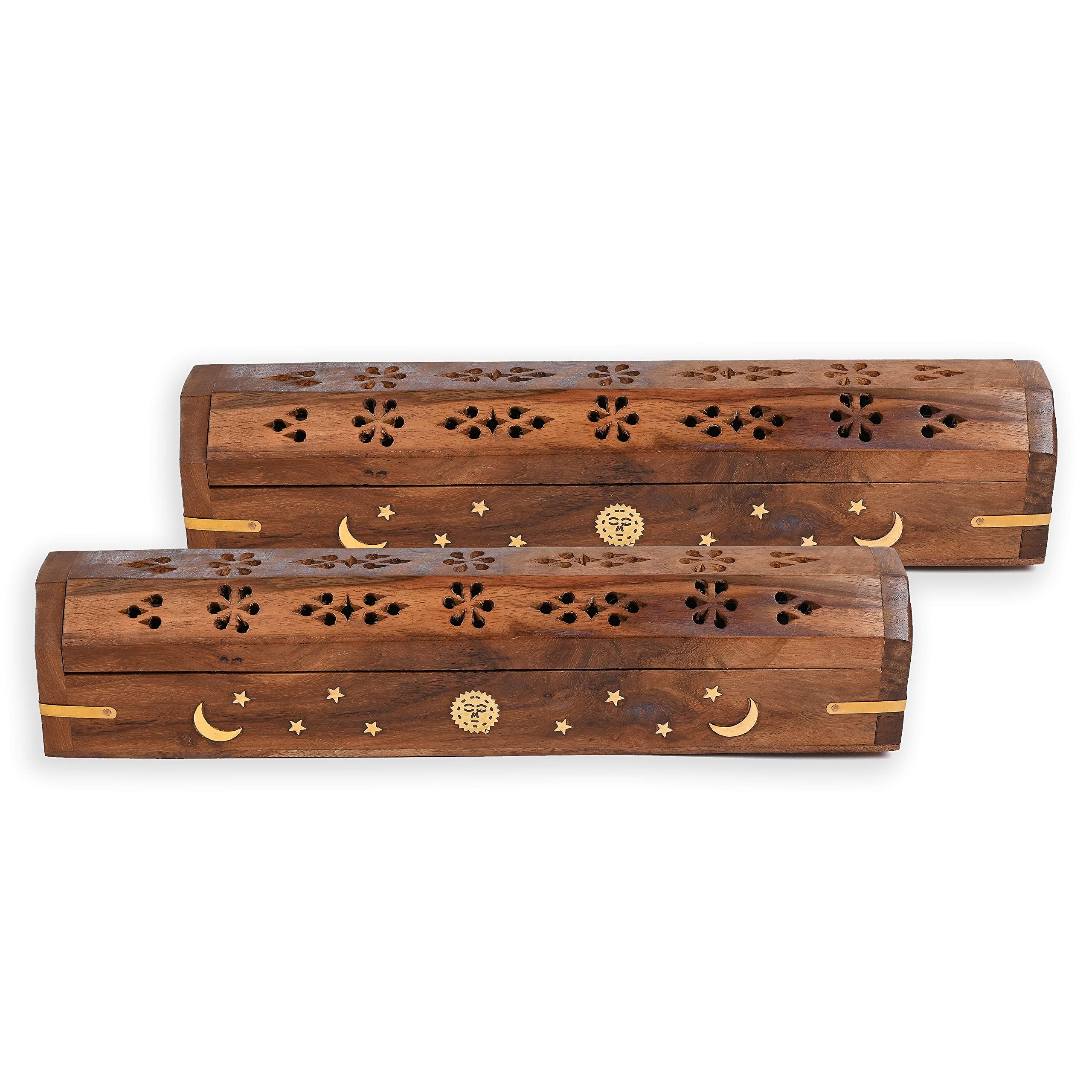 Paquete de 2 - Soporte para varillas de incienso - Estilo ataúd - Quemador de varillas de incienso de madera con incrustaciones de sol, luna y estrellas hecho a mano con incrustaciones de latón (natural)