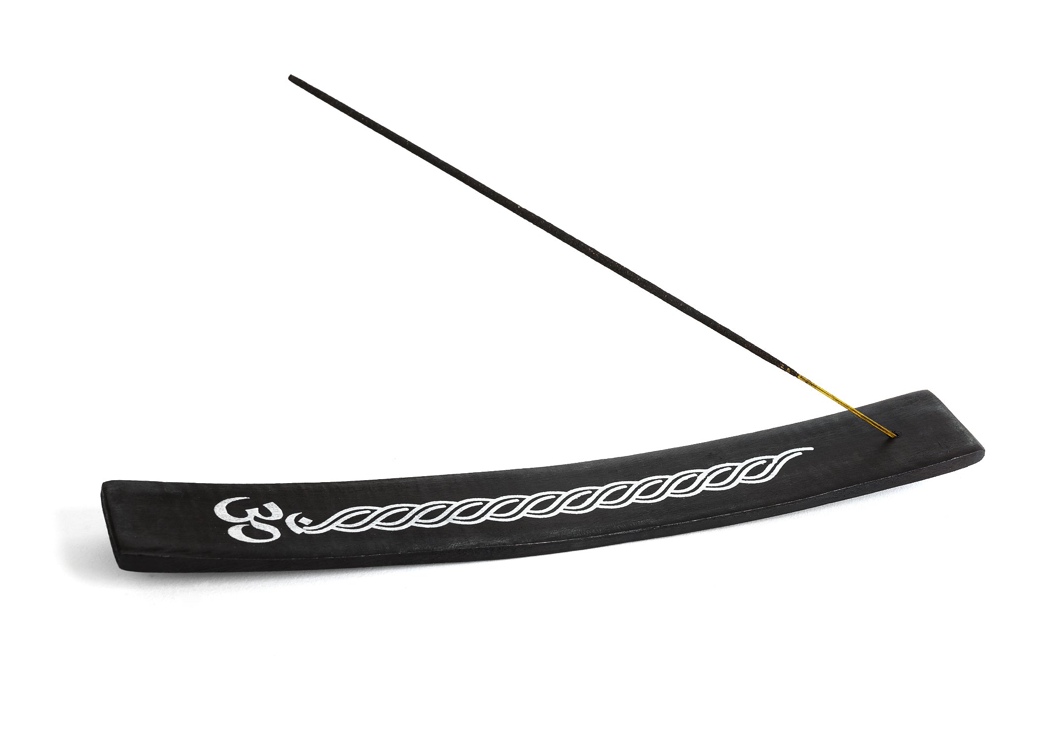 Porta incienso de madera para varillas Om de madera pintada de negro de 10 pulgadas de largo