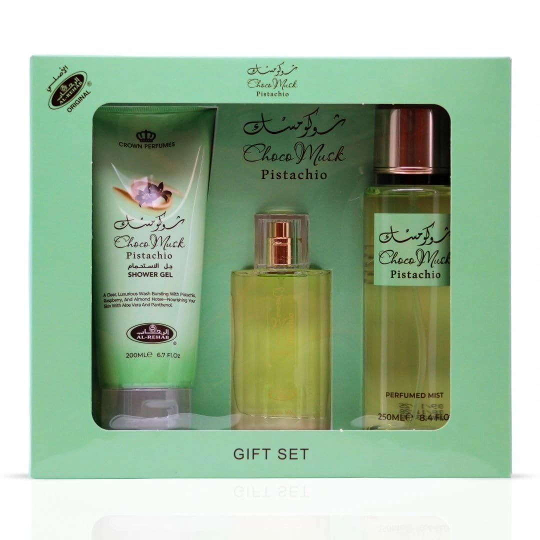 Al Rehab Choco Musk Pistachio Gift Set (EDP 1.65 Oz, Shower Gel 6.7 Oz, Body Mist 8.4 Oz)