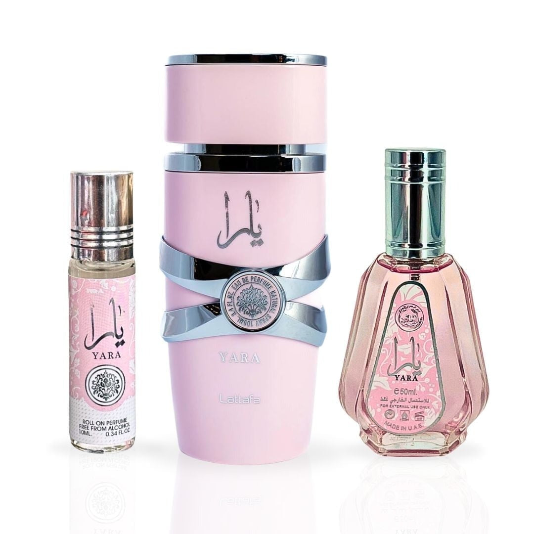 Lattafa Yara EDP Spray 100ml, EDP Spray 50ml & Roll-On Perfume Oil 10ml Set for Women