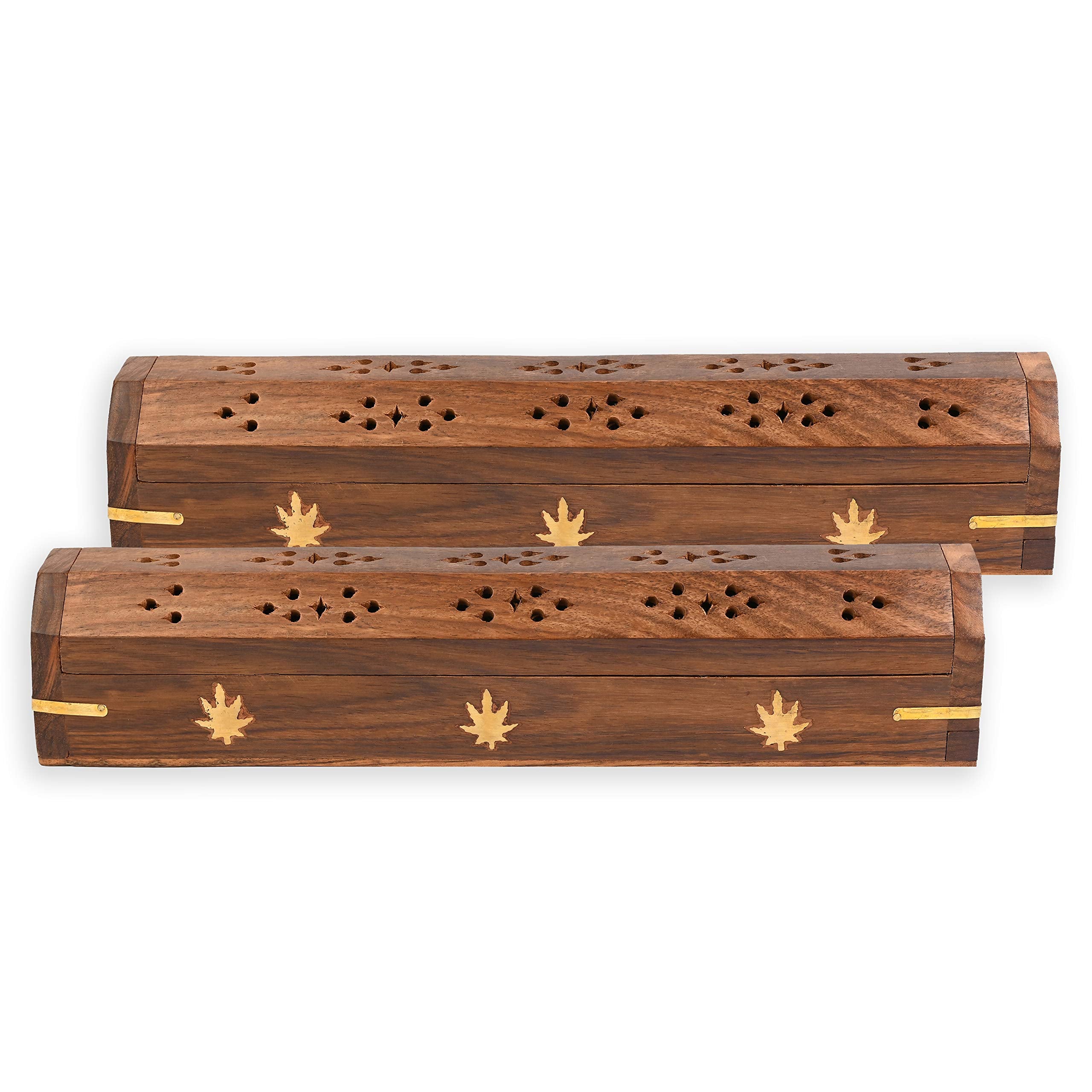 Paquete de 2 - Soporte para varillas de incienso - Estilo ataúd - Quemador de varillas de incienso de madera con incrustaciones de elefante (natural) Hecho a mano con incrustaciones de latón (Kush)