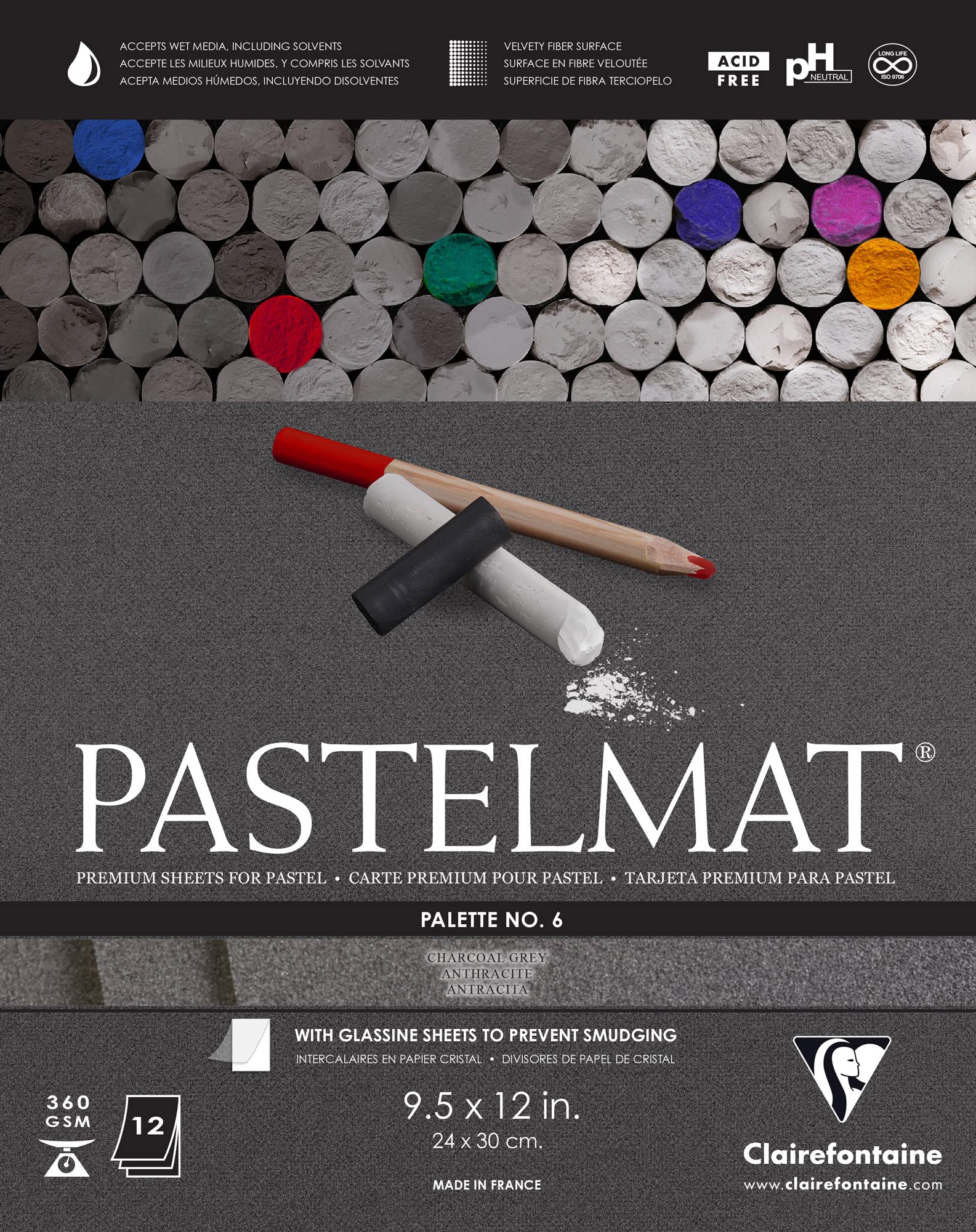 Paleta de papel pegado Clairefontaine Pastelmat, n.º 6, 24 x 30 cm, 360 g, 12 hojas, gris carbón