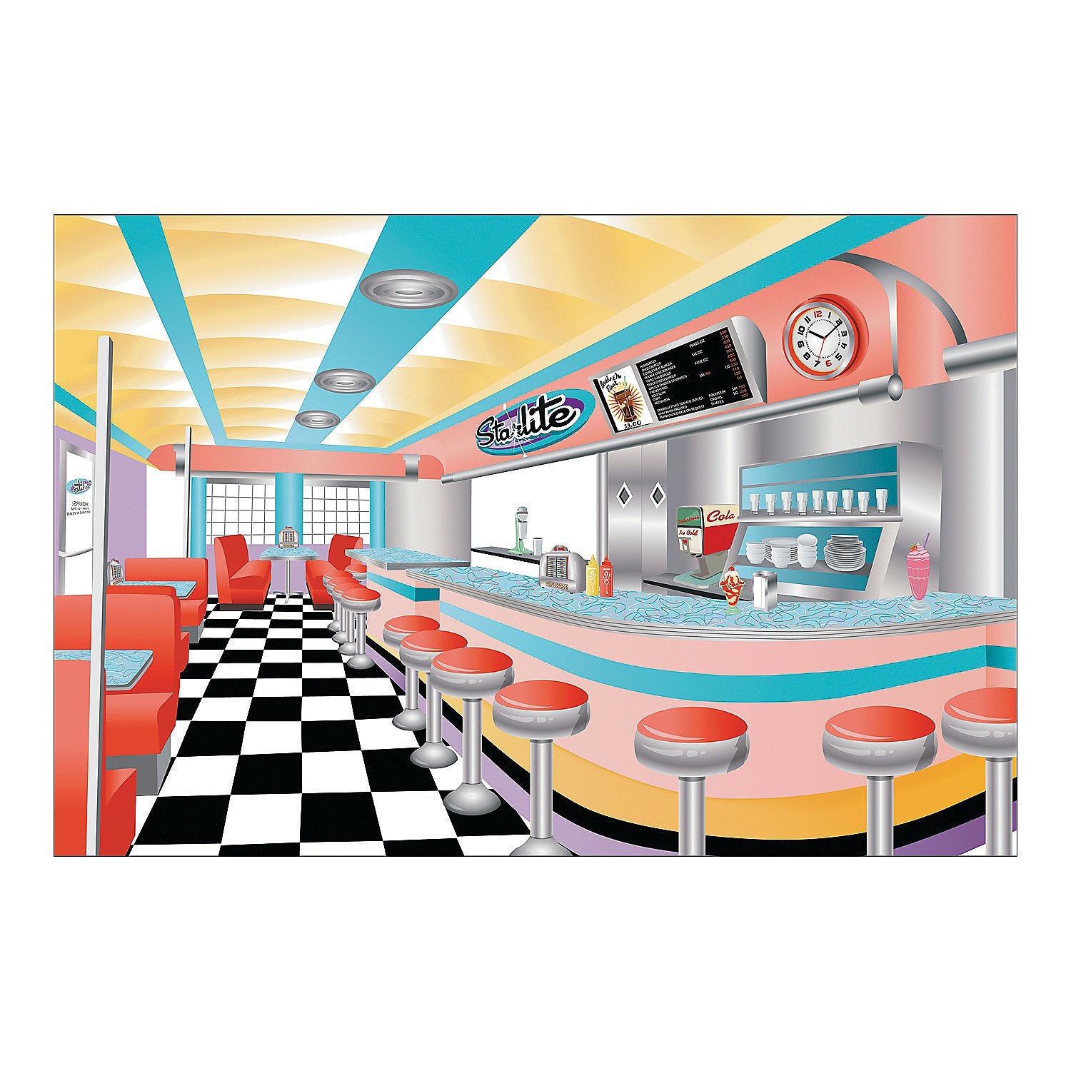 Fun Express - Banner de fondo con temática rockera de los años 50 para fiestas - Decoración de fiestas - Decoración de pared - Fondos preimpresos - Fiesta - 3 piezas