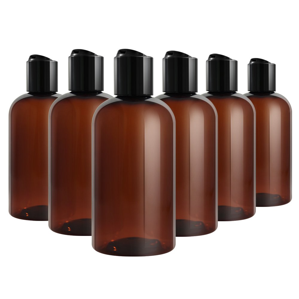 Amber Plastic Boston Bottle (BPA Free) with Black Disc Lid, 8 Ounce (Pack of 6)
