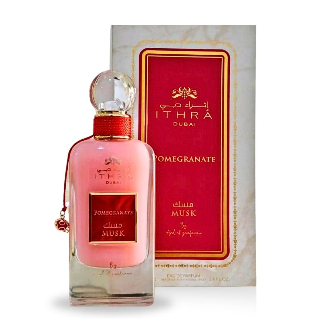 Ard Al Zaafaran Ithra Dubai Pomegranate Musk Eau de Parfum Spray para mujer, 3,4 onzas líquidas (100 ml)