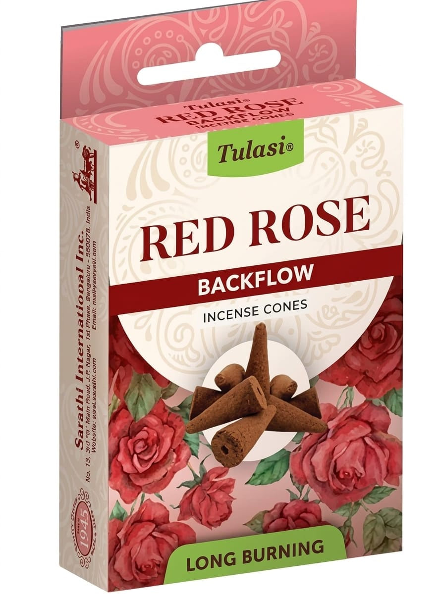 Tulasi Backflow Incense Cones, Red Rose - 10 Count Pack