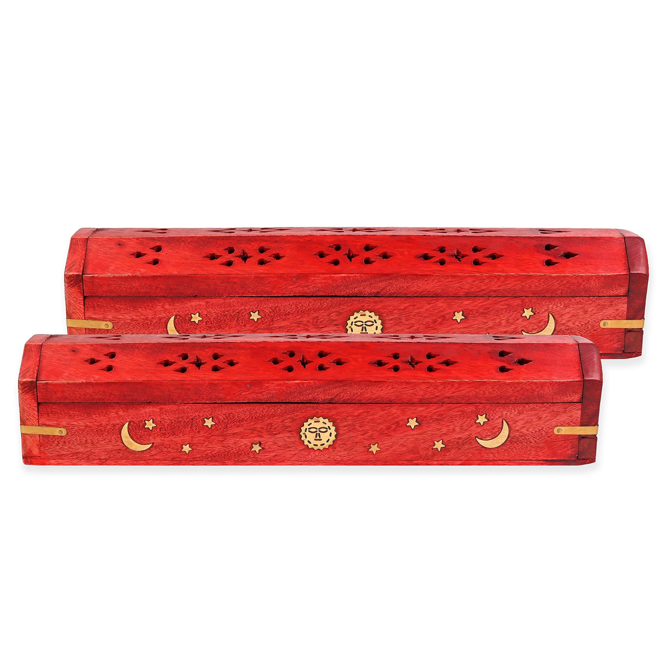 Paquete de 2 - Soporte para varillas de incienso - Estilo ataúd - Quemador de varillas de incienso de madera con incrustaciones de sol, luna y estrella, hecho a mano con incrustaciones de latón (rojo)