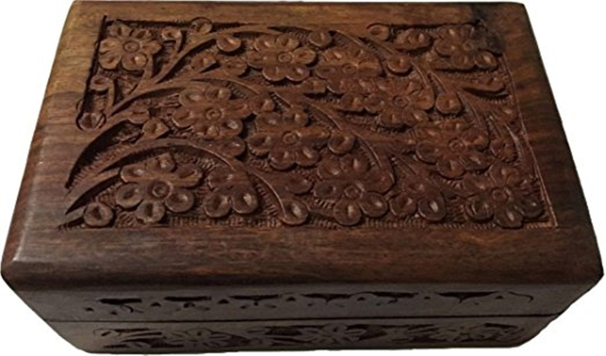 Wooden Storage Box - Carved Flowers & Vines - 4"x 6"