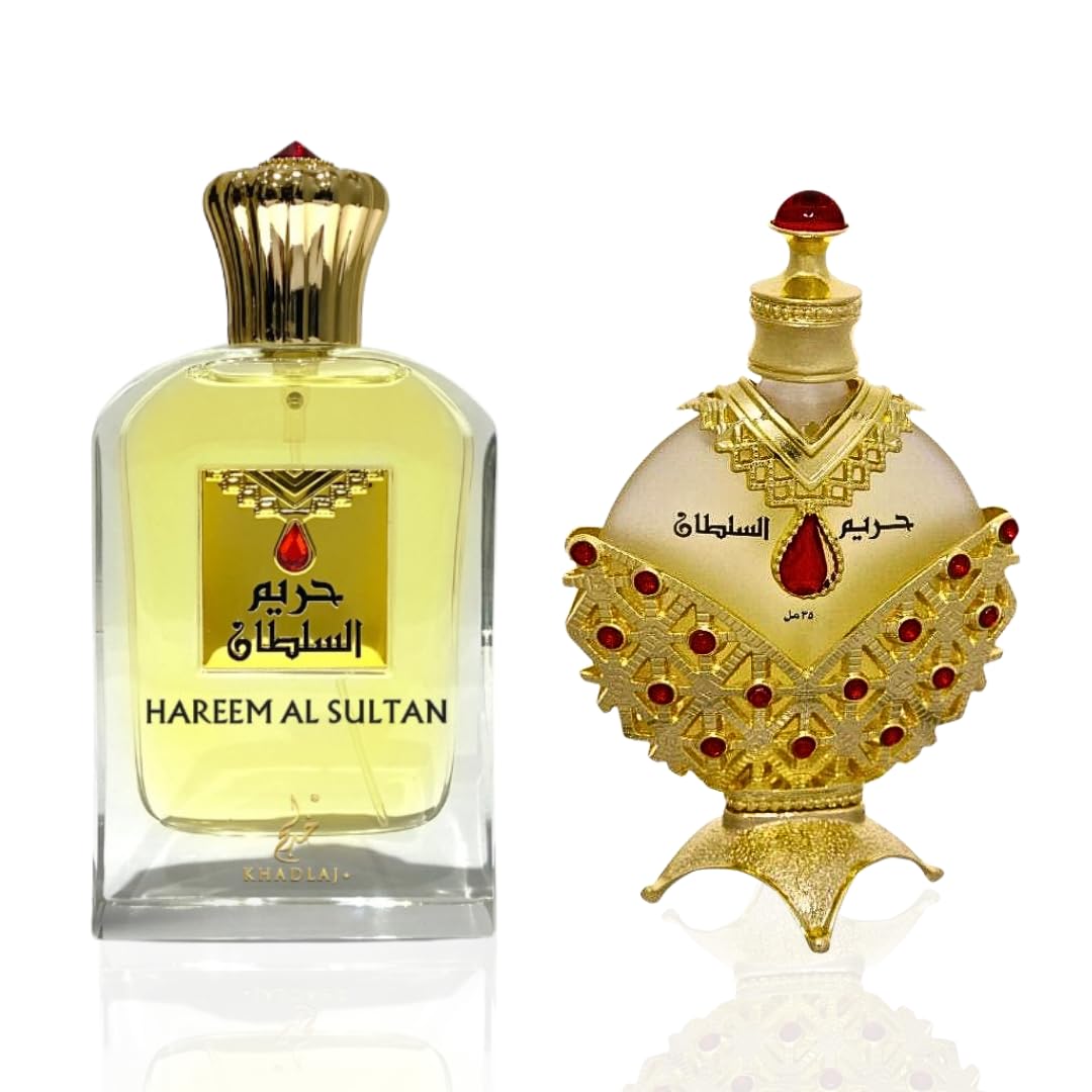 Khadlaj Hareem Al Sultan Gold Set de regalo de 2 piezas (spray EDP de 2,5 onzas + aceite de perfume de 1,18 onzas)