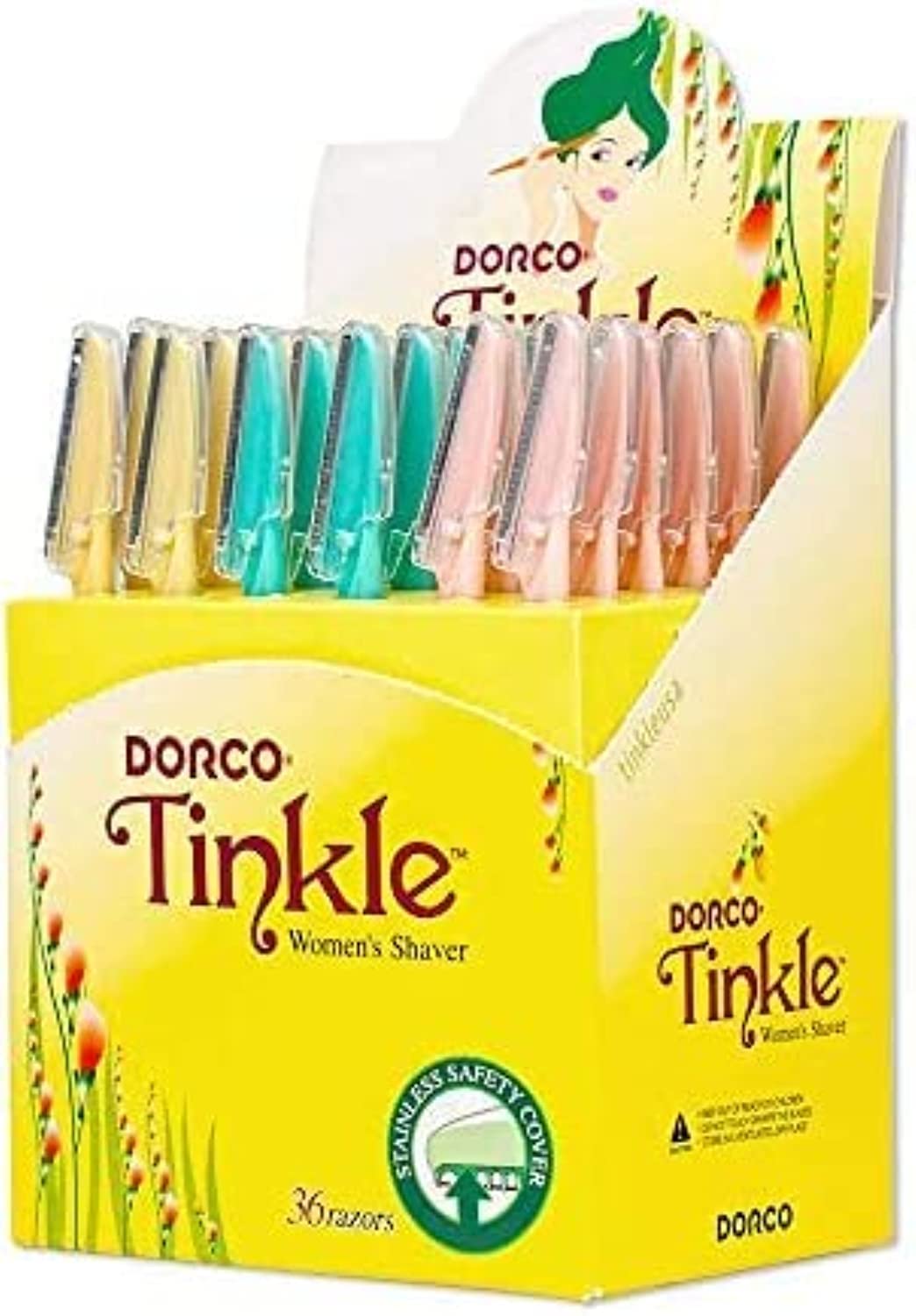 Rasoirs à sourcils Dorco Tinkle pour femmes, lot de 36, outil de dermaplaning pour une épilation du visage sûre et facile pour les femmes, exfoliant pour le visage avec couvercle de sécurité en acier inoxydable pour les peaux sensibles