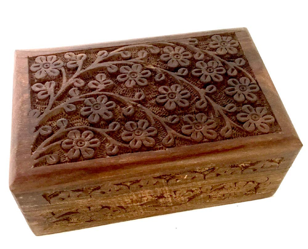 Joyero de madera tallado a mano con flores, 4 x 6 pulgadas