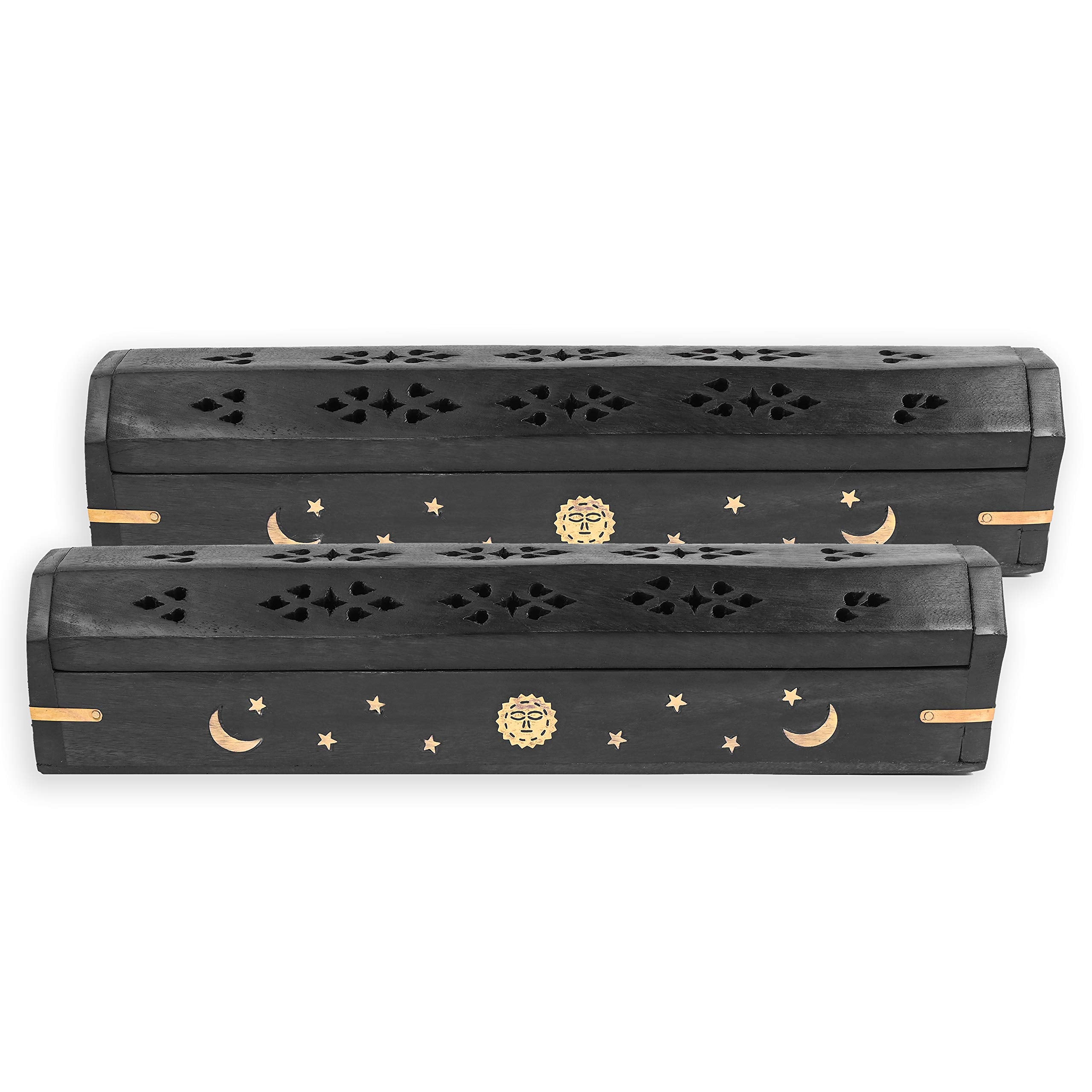 Paquete de 2 - Soporte para varillas de incienso - Estilo ataúd - Quemador de varillas de incienso de madera con incrustaciones de sol, luna y estrella, hecho a mano con incrustaciones de latón (negro)