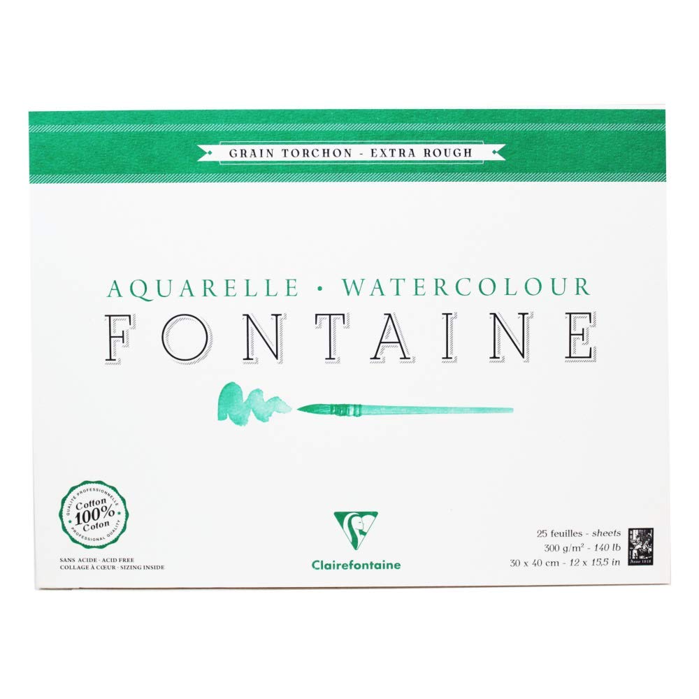Bloque de acuarelas en bruto de Clairefontaine Fontaine, 300 g, 25 hojas, 12 x 15 1/2