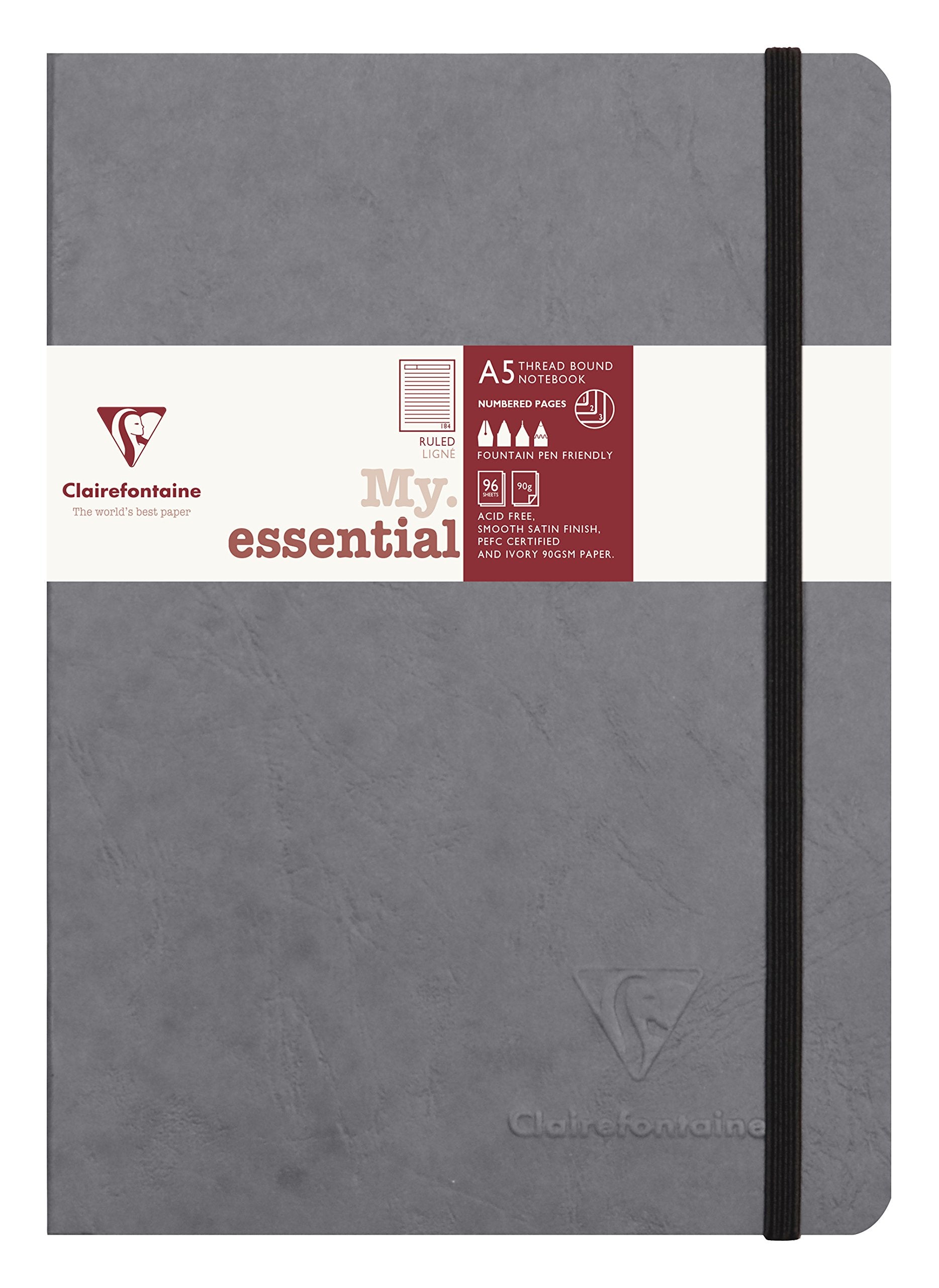 Cuaderno encuadernado con páginas "My Essential" de Clairefontaine, 96 hojas rayadas, 6 x 8 1/4, color gris