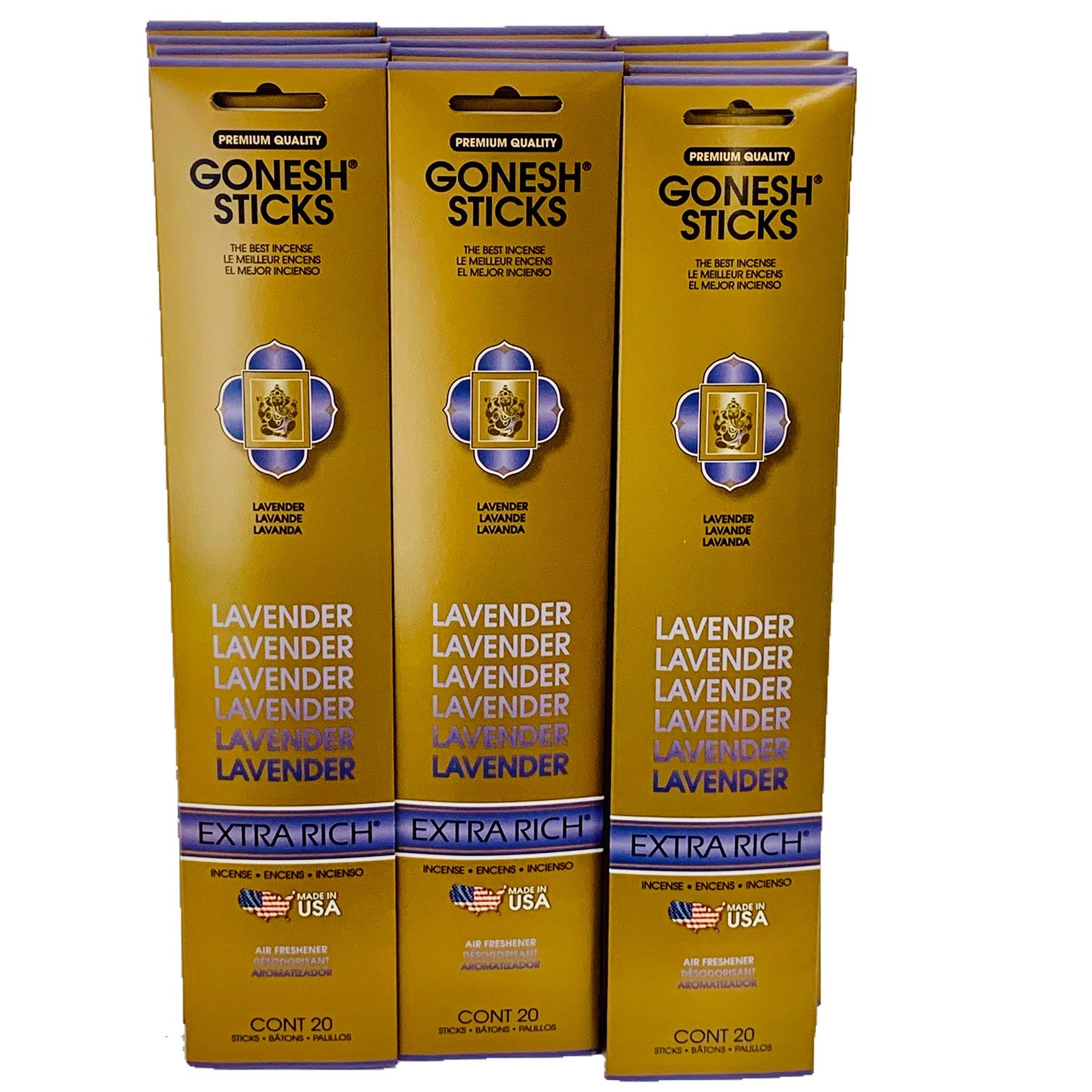 Incienso Gonesh Extra Rich Collection Lavanda, paquete de 12 (20 varillas por paquete)