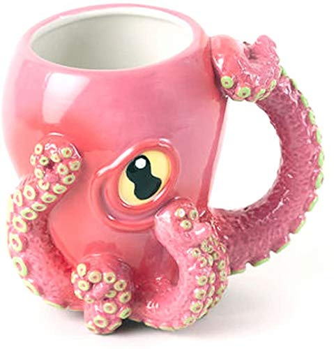 Taza de café de cerámica con forma de pulpo rosa y asa con tentáculos