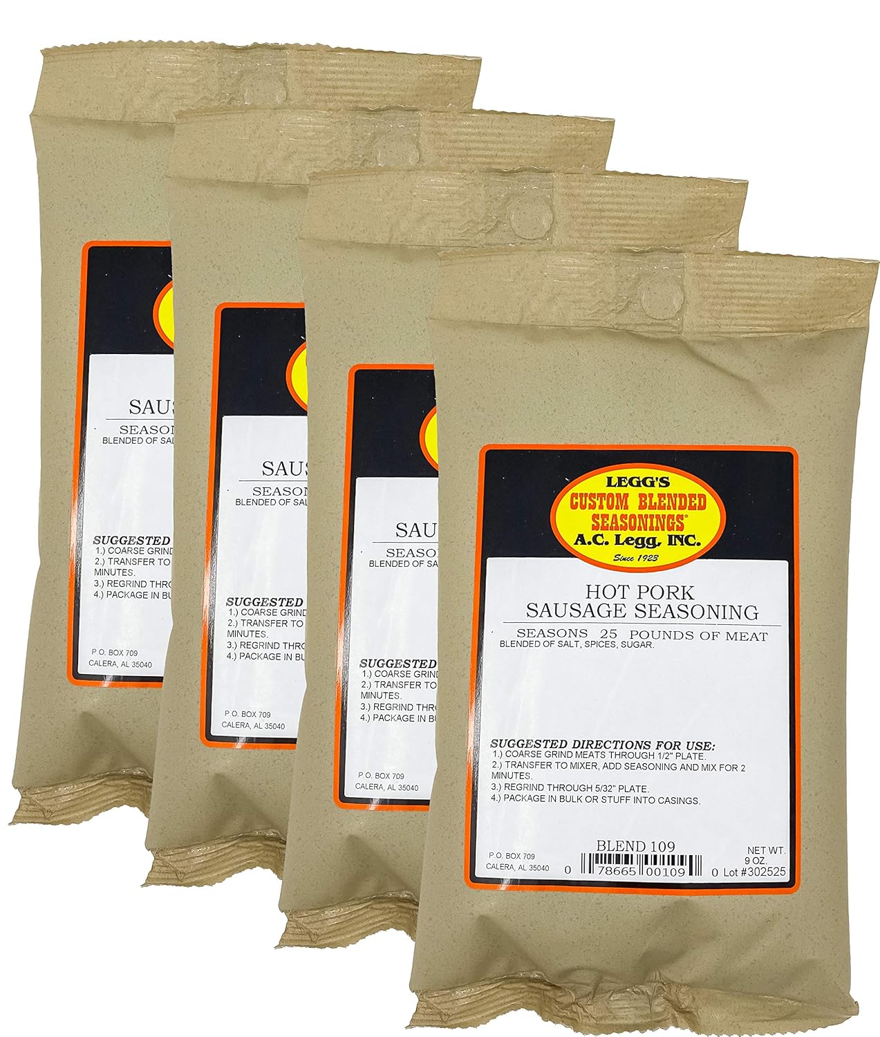 AC Legg Hot Pork Sausage Seasoning 9 Ounces (4-Pack)
