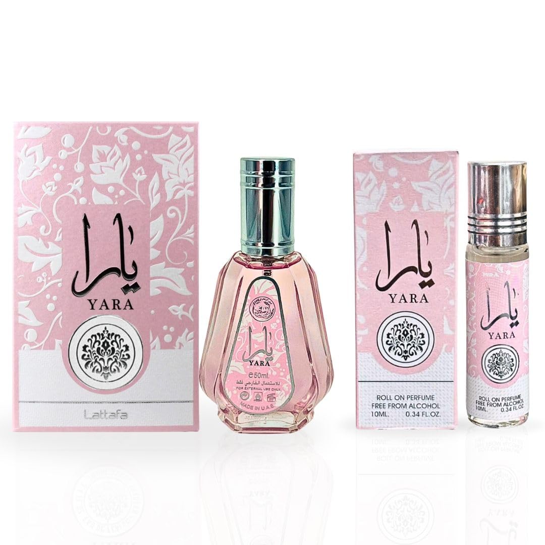 Mini paquete Lattafa Yara para mujer (50 ml de spray EDP + 10 ml de aceite perfumado en roll-on)