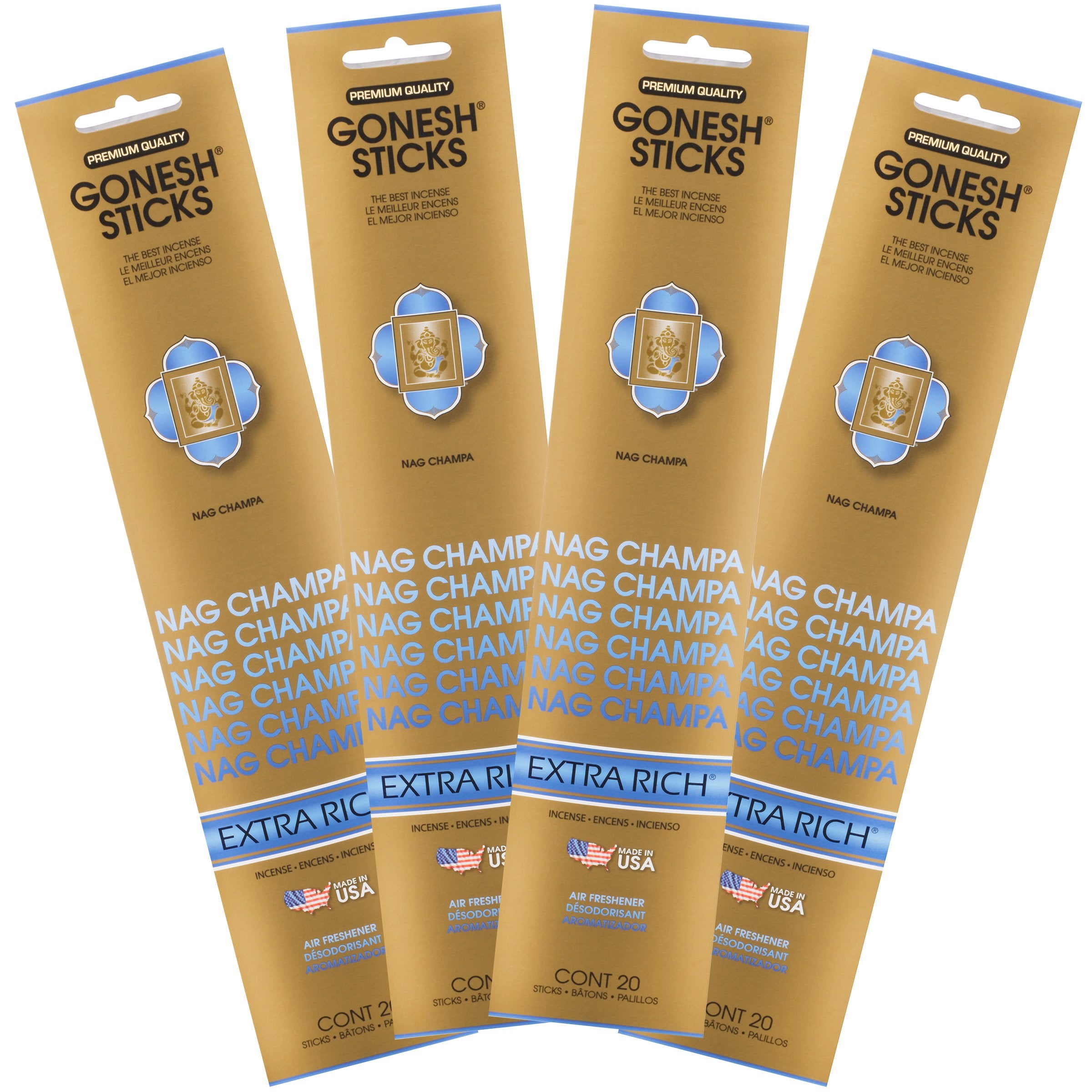 Gonesh Collection Nag Champa – Paquete de 4 incienso extra rico, 80 unidades