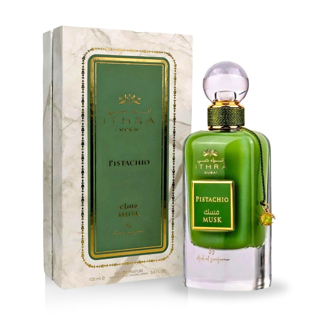 Ard Al Zaafaran Ithra Dubai Pistacho Musk Eau de Parfum Spray para unisex, 3,4 onzas líquidas (100 ml)