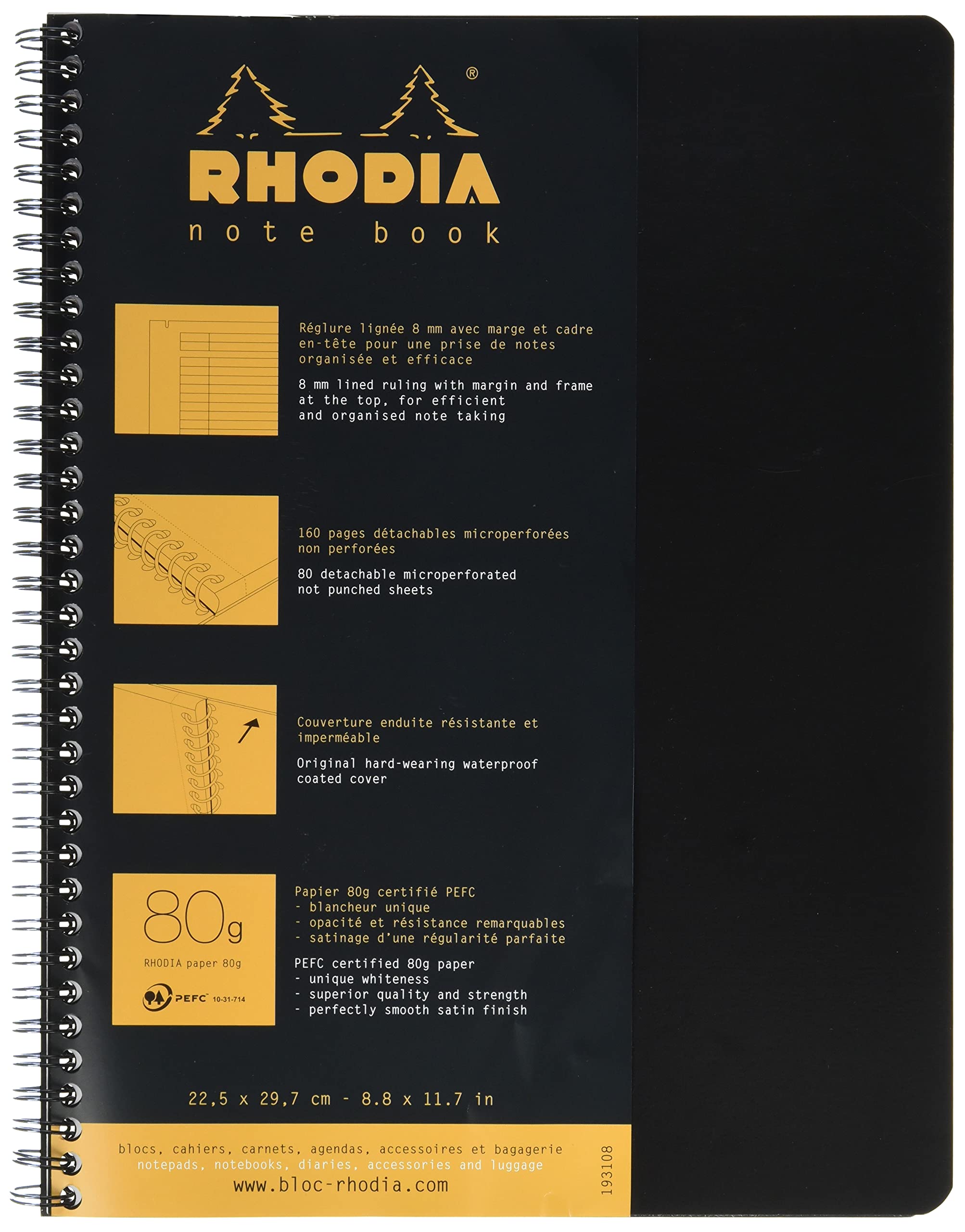 Libreta de espiral Rhodia con 80 hojas, tamaño A4+ (23,5 x 29,5 cm), con líneas, color negro