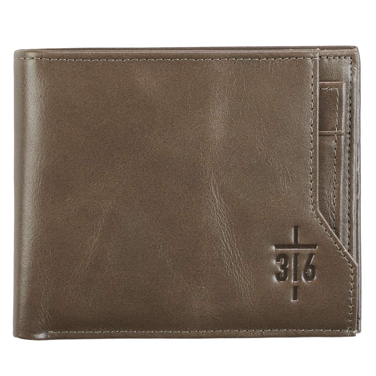 Cartera de cuero genuino para hombres | 3:16 Cross Juan 3:16 Versículo bíblico | Cartera clásica de cuero color topo | Regalos cristianos para hombres