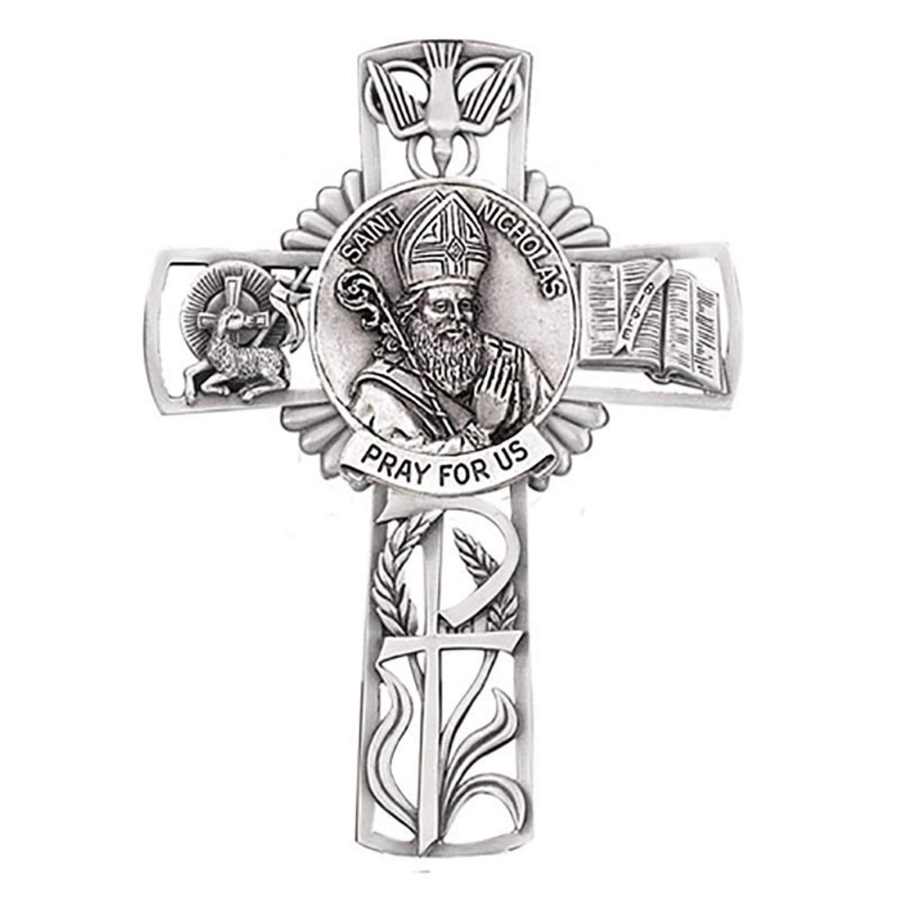 Cruz de pared católica de peltre con la inscripción "Ruega por nosotros", de San Nicolás, 5 pulgadas