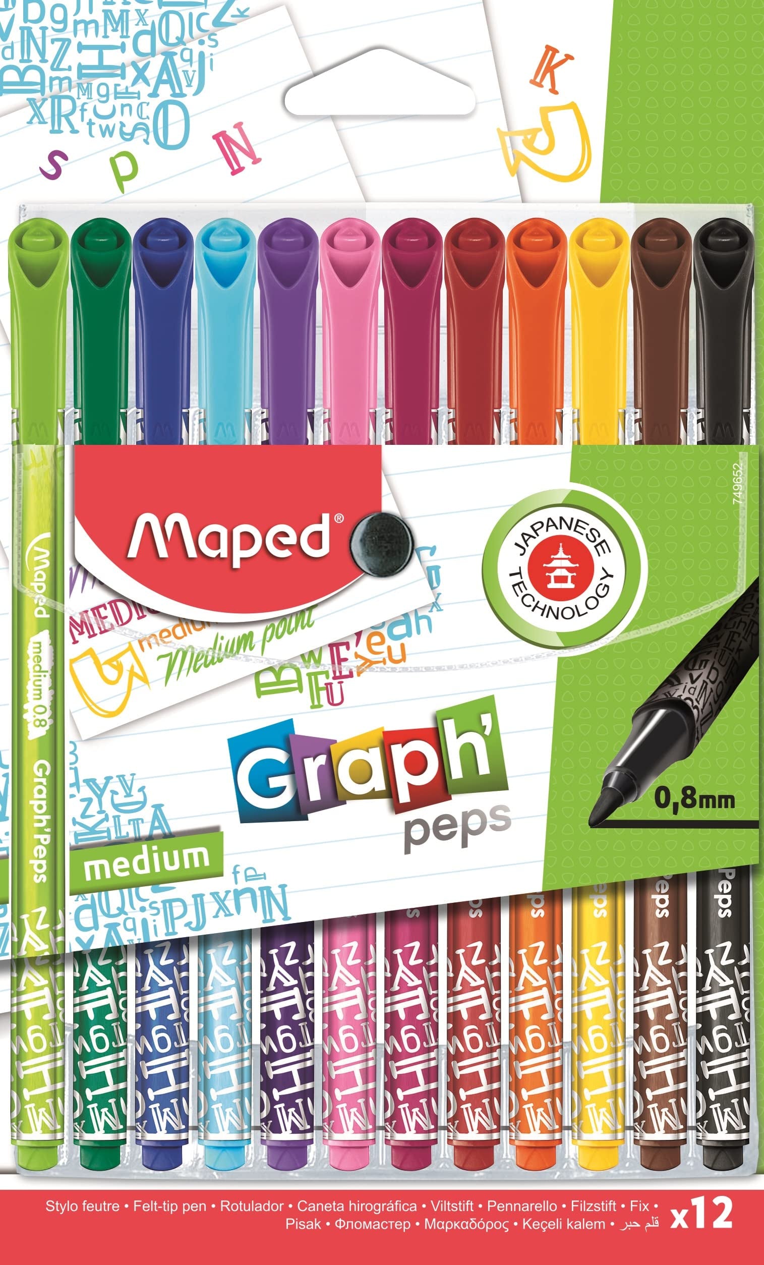 Maped - Rotuladores triangulares de punta fina Graph'Peps de 0,8 mm y punta mediana - Paquete de 12 - Colores vibrantes