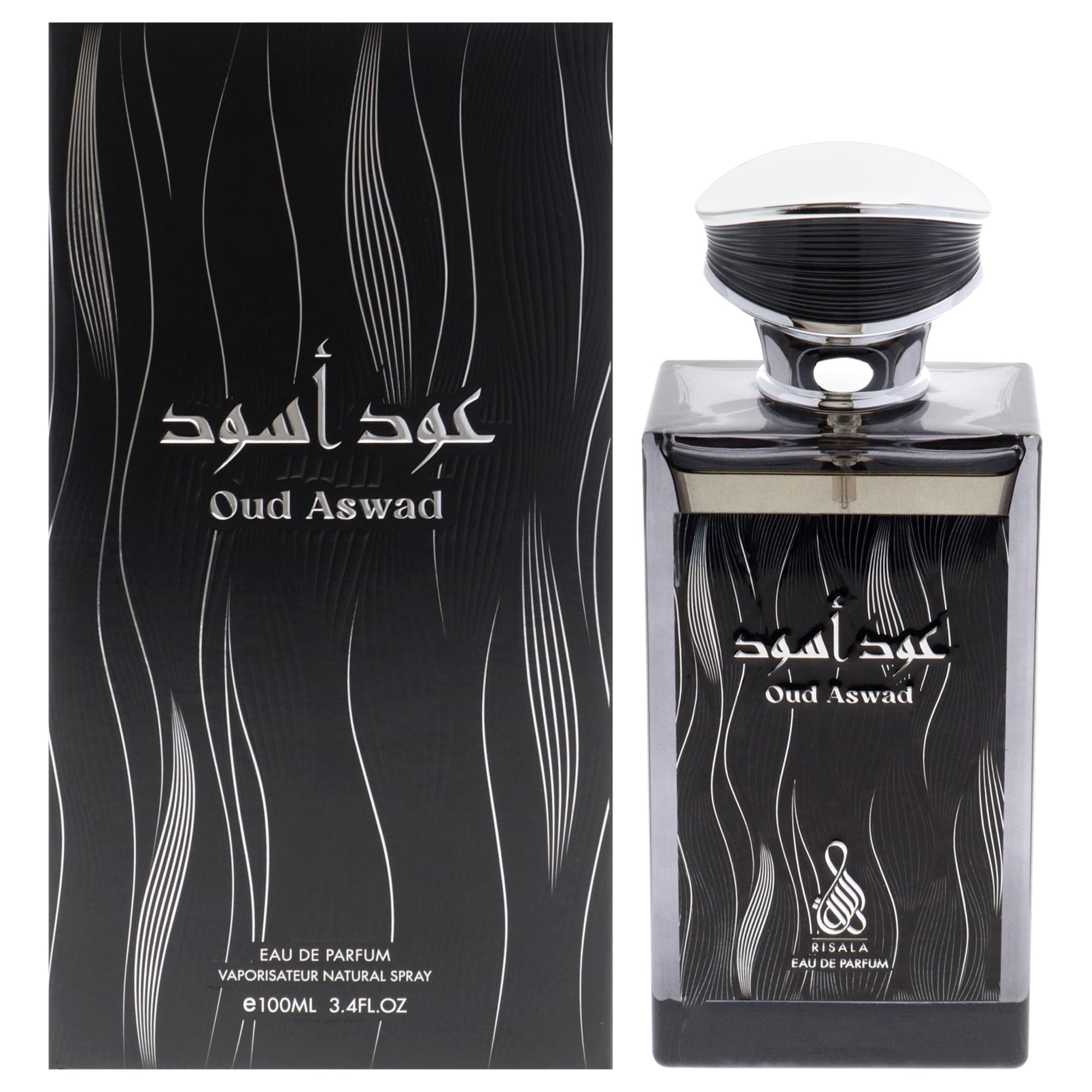 Risala Oud Aswad Eau de Parfum for Men, Woody Spicy Oud Fragrance with Rose Saffron Leather and Amber, 3.4 oz Spray
