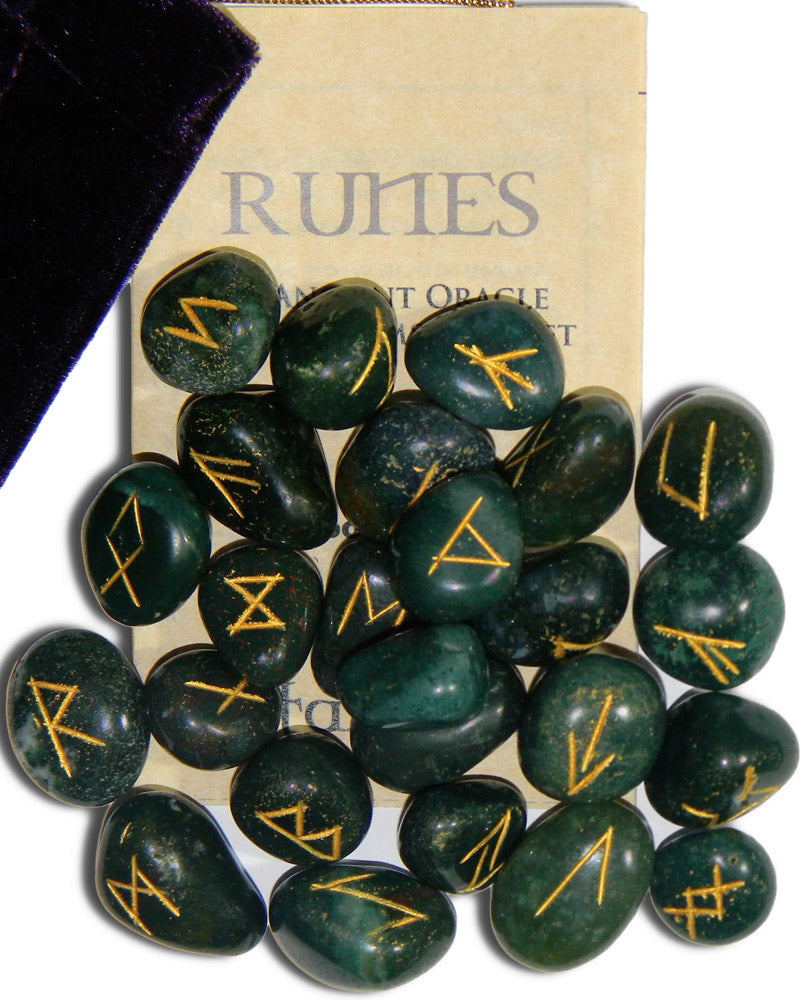 Starlinks Blood Stone Gemstone Rune Set with Engraved Lettering, Instruction Leaflet and Velvet Pouch