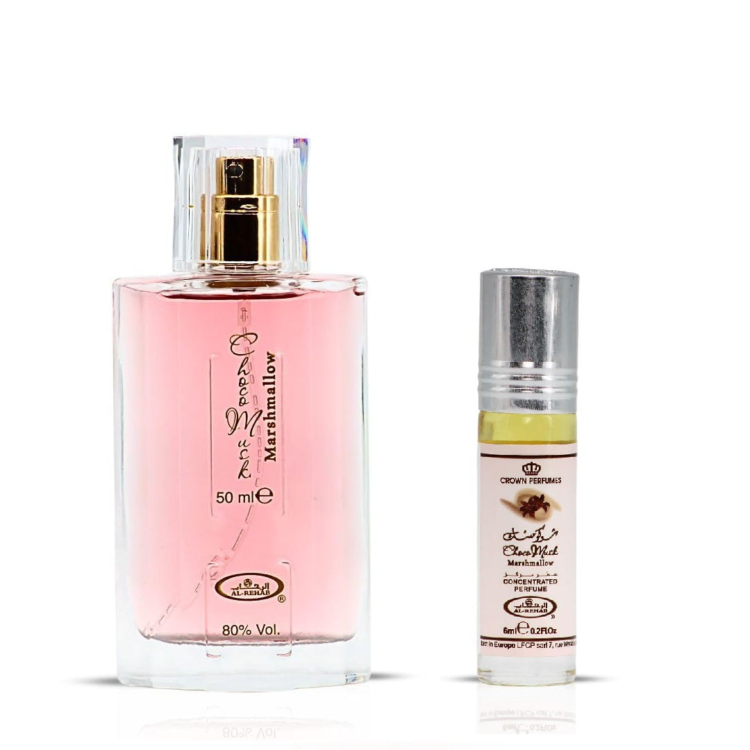 Al-Rehab Choco Musk Marshmallow Set - EDP Spray & Roll On Perfume Oil - 1.7 Fl Oz & 0.2 Fl Oz