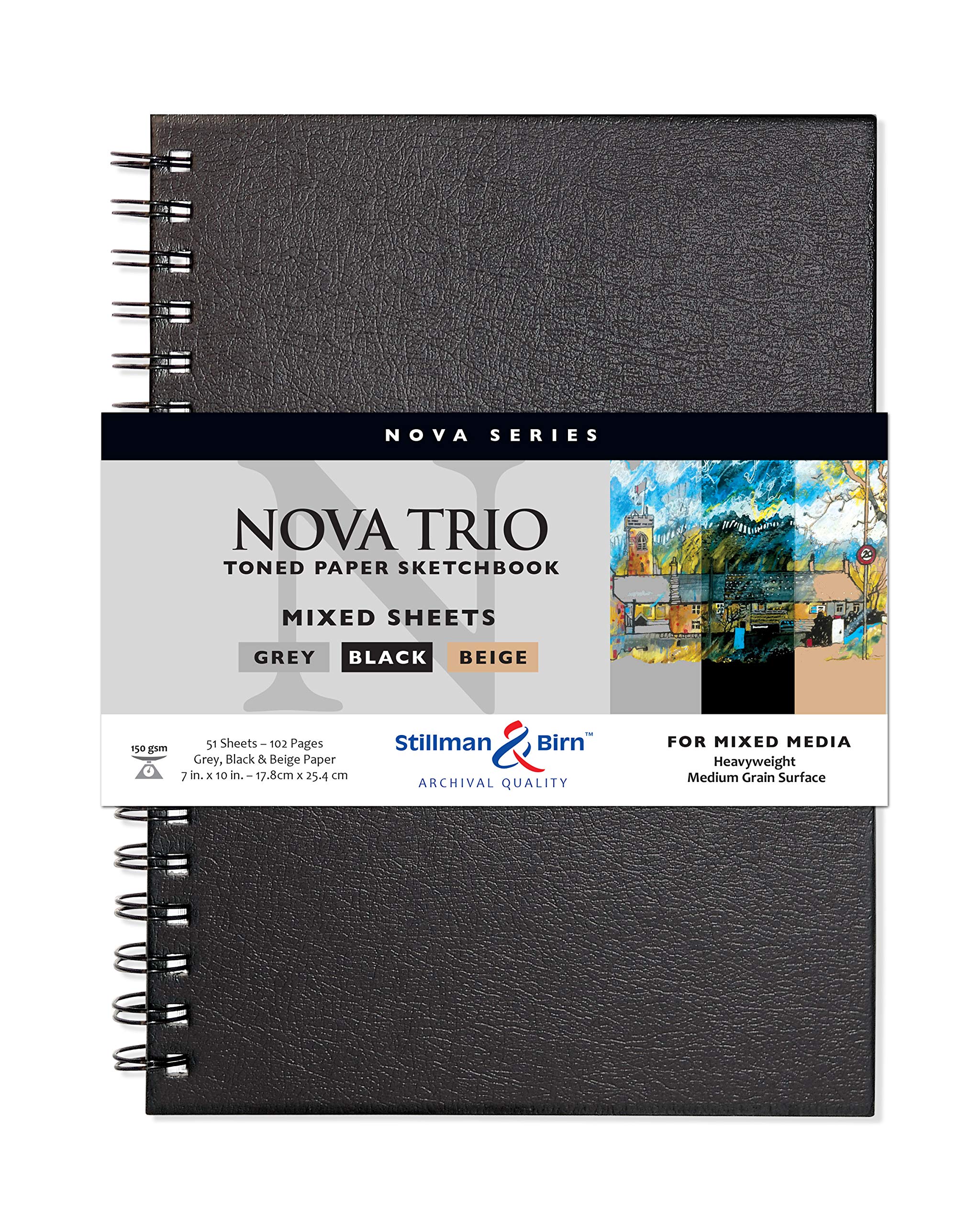 Serie Nova Trio de Stillman & Birn: cuaderno de bocetos encuadernado con alambre, vertical, 7 x 10, papel beige, gris y negro de 150 g/m²
