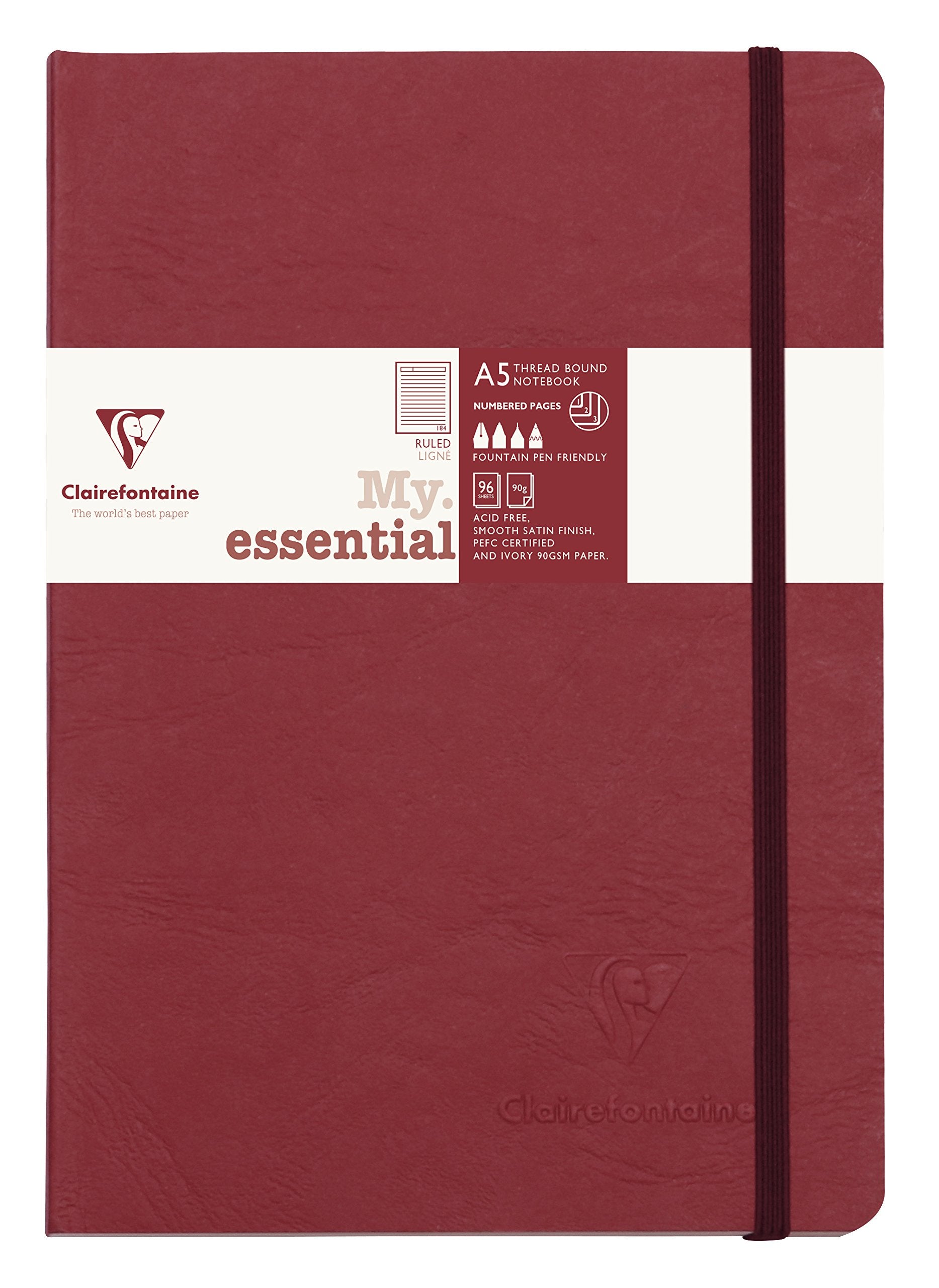 Cuaderno encuadernado con páginas "My Essential" de Clairefontaine, 96 hojas rayadas, 6 x 8 1/4, color rojo