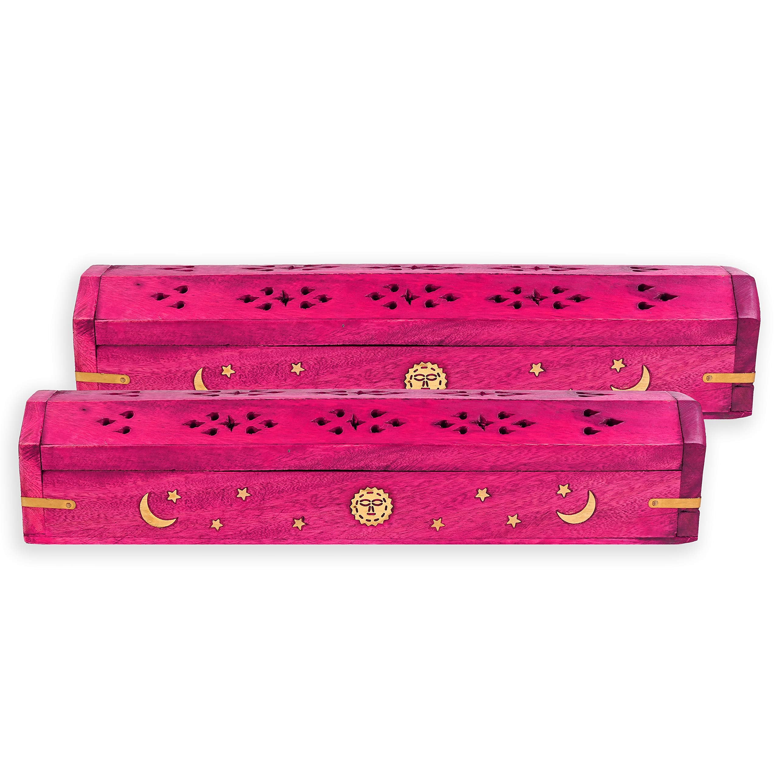 Paquete de 2 - Soporte para varillas de incienso - Estilo ataúd - Quemador de varillas de incienso de madera con incrustaciones de sol, luna y estrella, hecho a mano con incrustaciones de latón (rosa)
