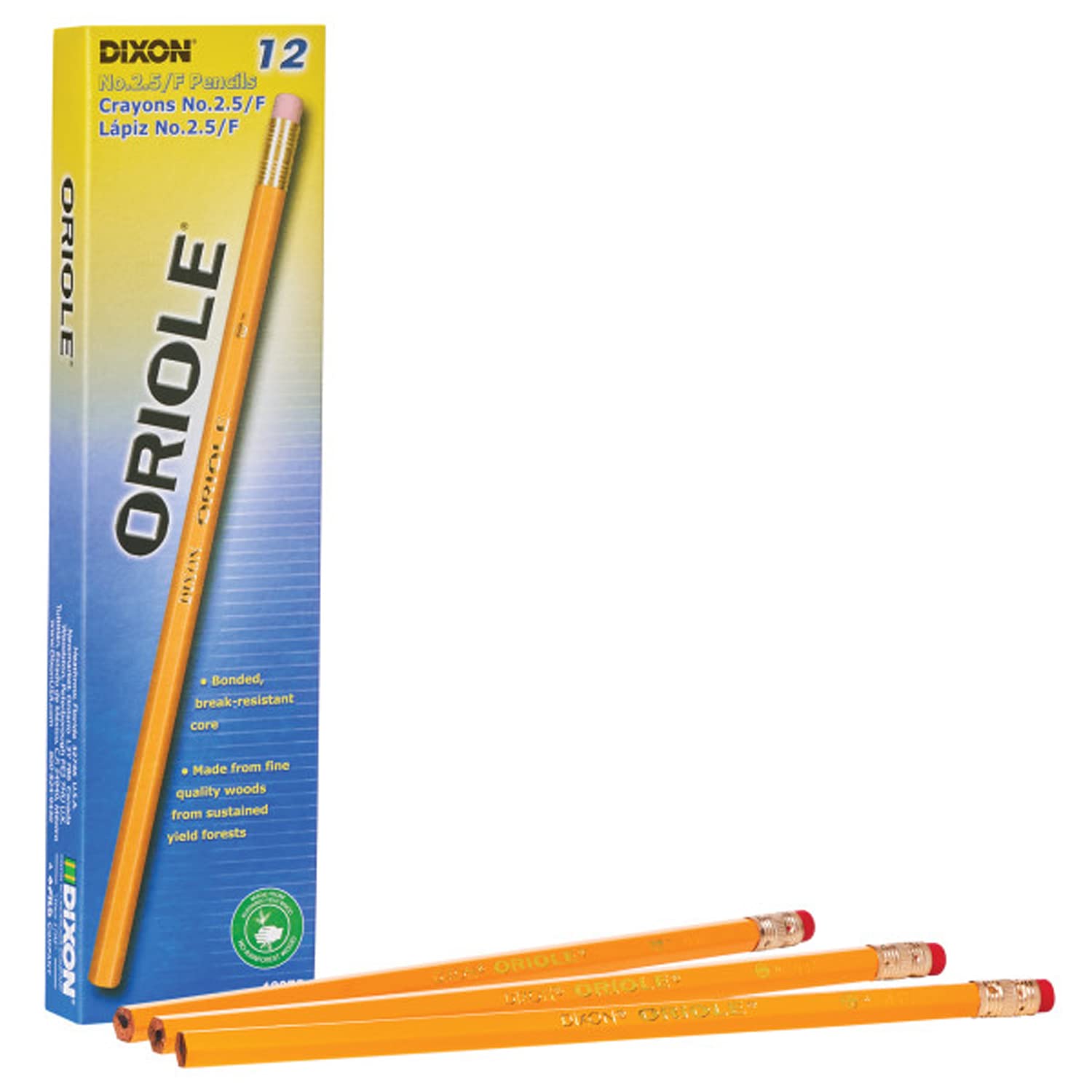Lápiz Dixon Oriole Woodcase, 2,5/F, punta fina media, cuerpo amarillo, paquete de 12 (12875)