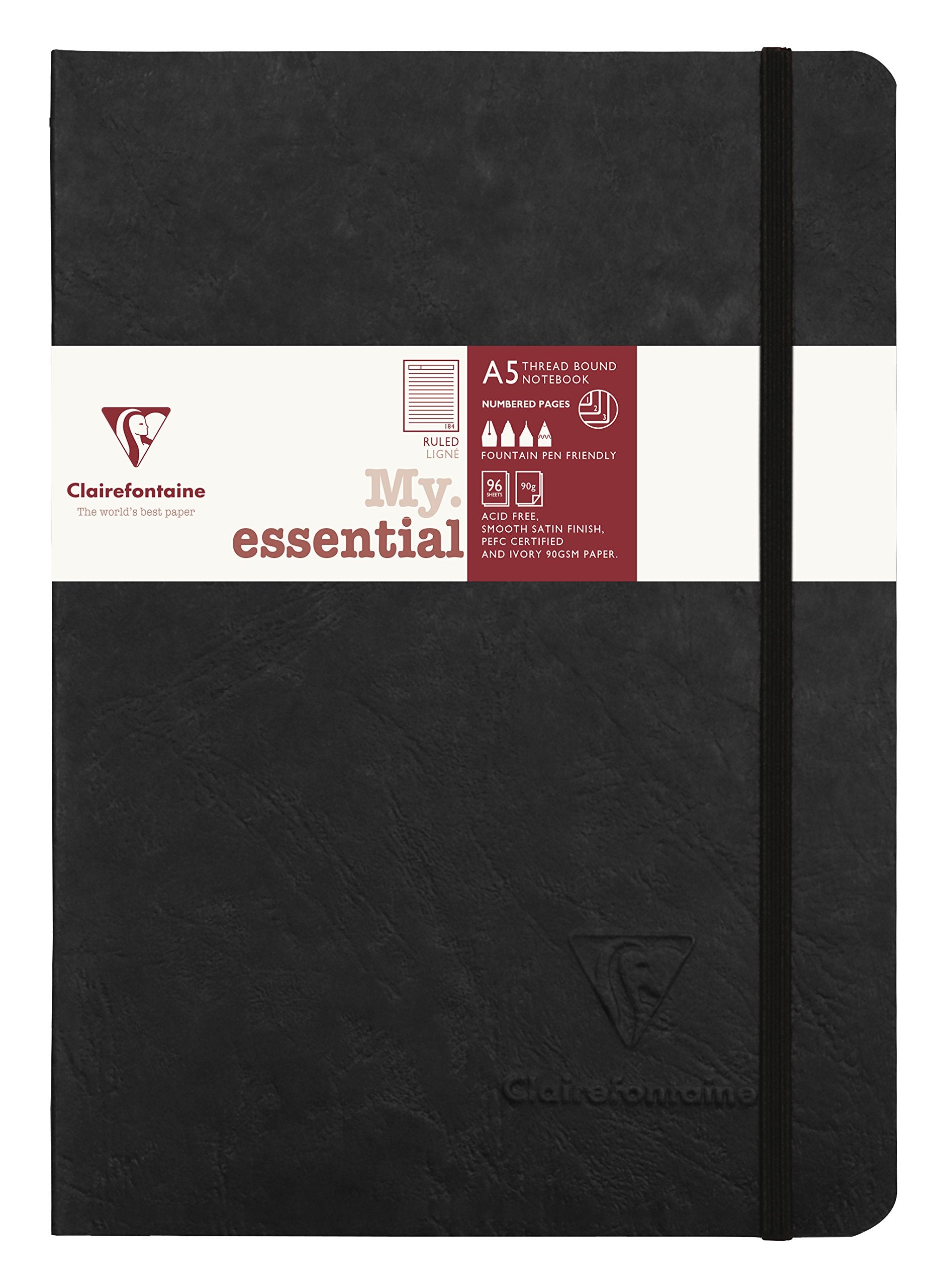 Cahier paginé relié Clairefontaine « My Essential » - 96 feuilles lignées - 6 x 8 1/4 - Noir