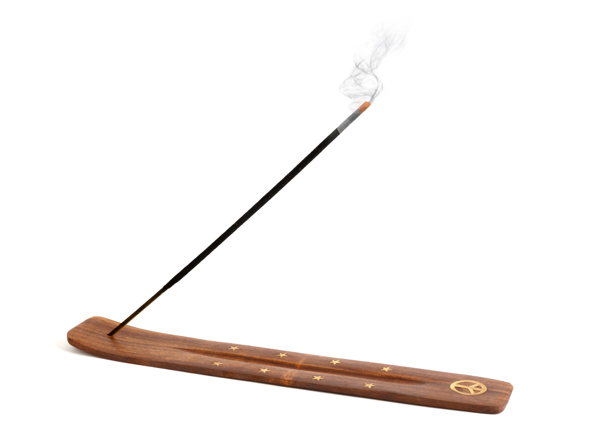Porta incienso de madera para varillas con incrustaciones de latón SIGNO DE LA PAZ 10 pulgadas de largo