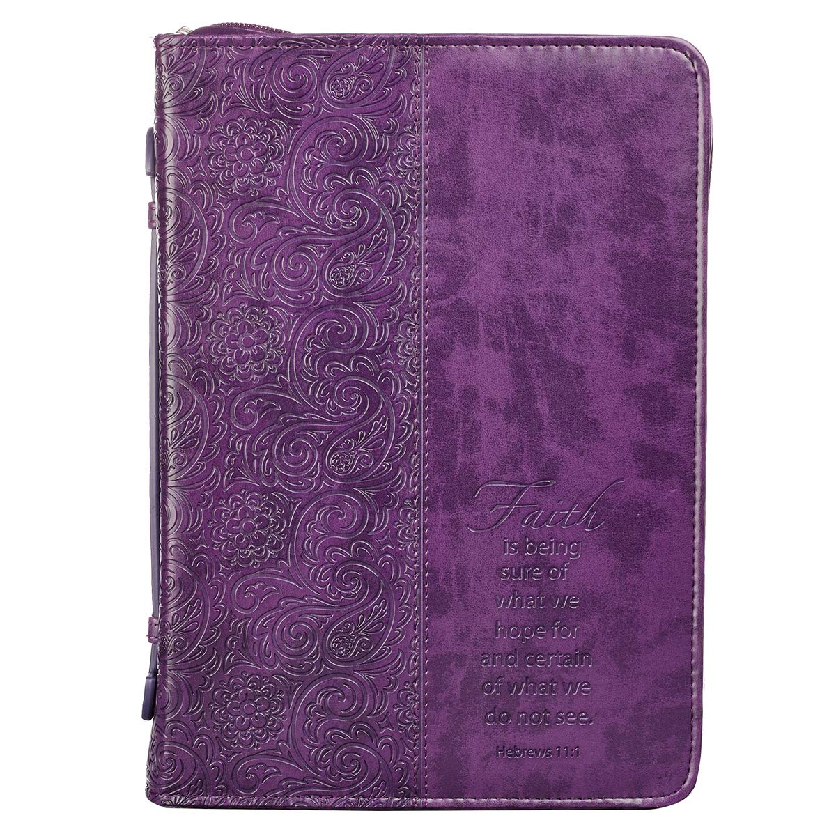 Christian Art Gifts - Étui pour Bible en similicuir violet pour femme | Motif cachemire violet Faith - Hébreux 11:1 | Étui zippé pour Bible ou livre avec poignée, grand format