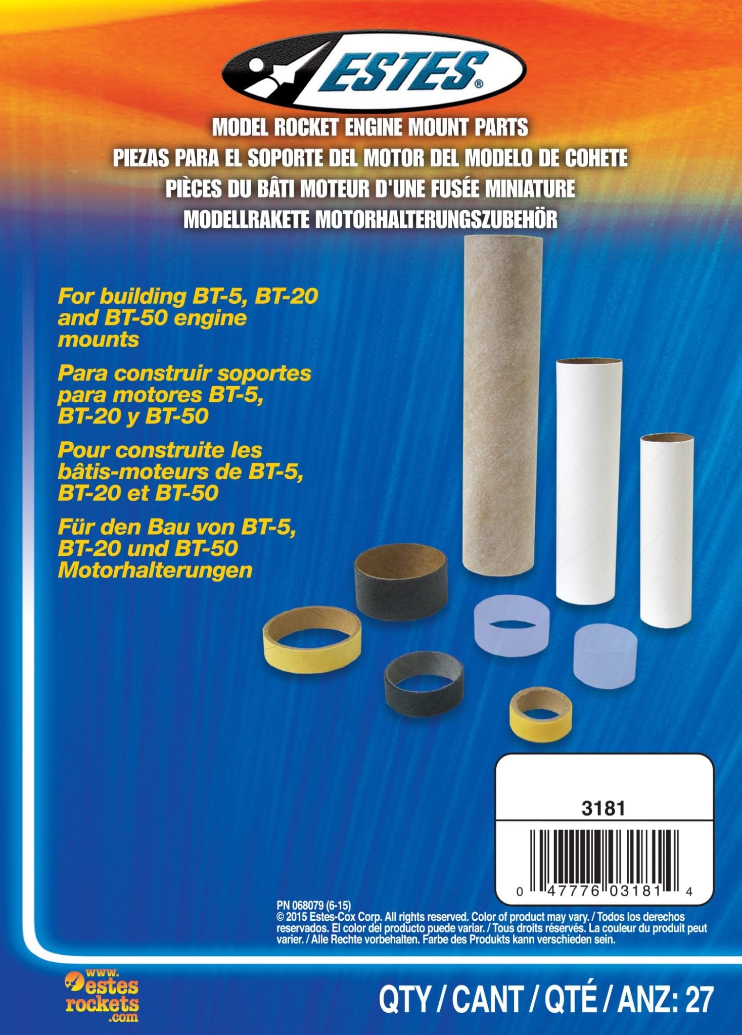 Pièces de montage de moteur Estes Rockets 3181 BT5, BT20, BT50, pour modèles réduits de fusées (27 pièces)