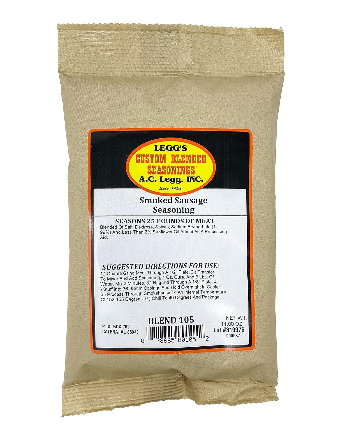 Condimento para salchichas ahumadas Leggs Old Plantation (condimenta 25 libras)