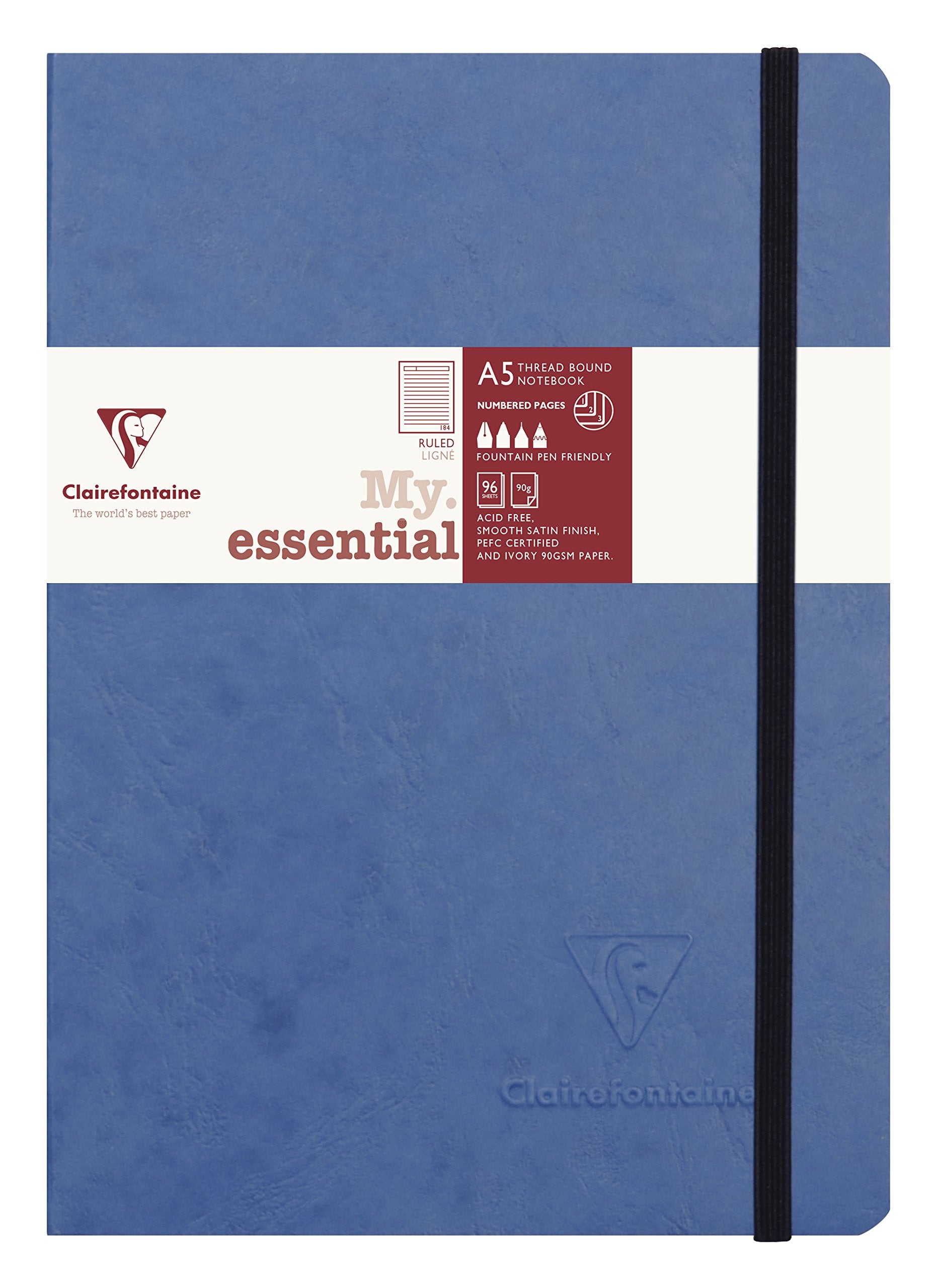 Cuaderno de notas encuadernado con páginas "My Essential" de Clairefontaine, 96 hojas rayadas, 6 x 8 1/4, color azul