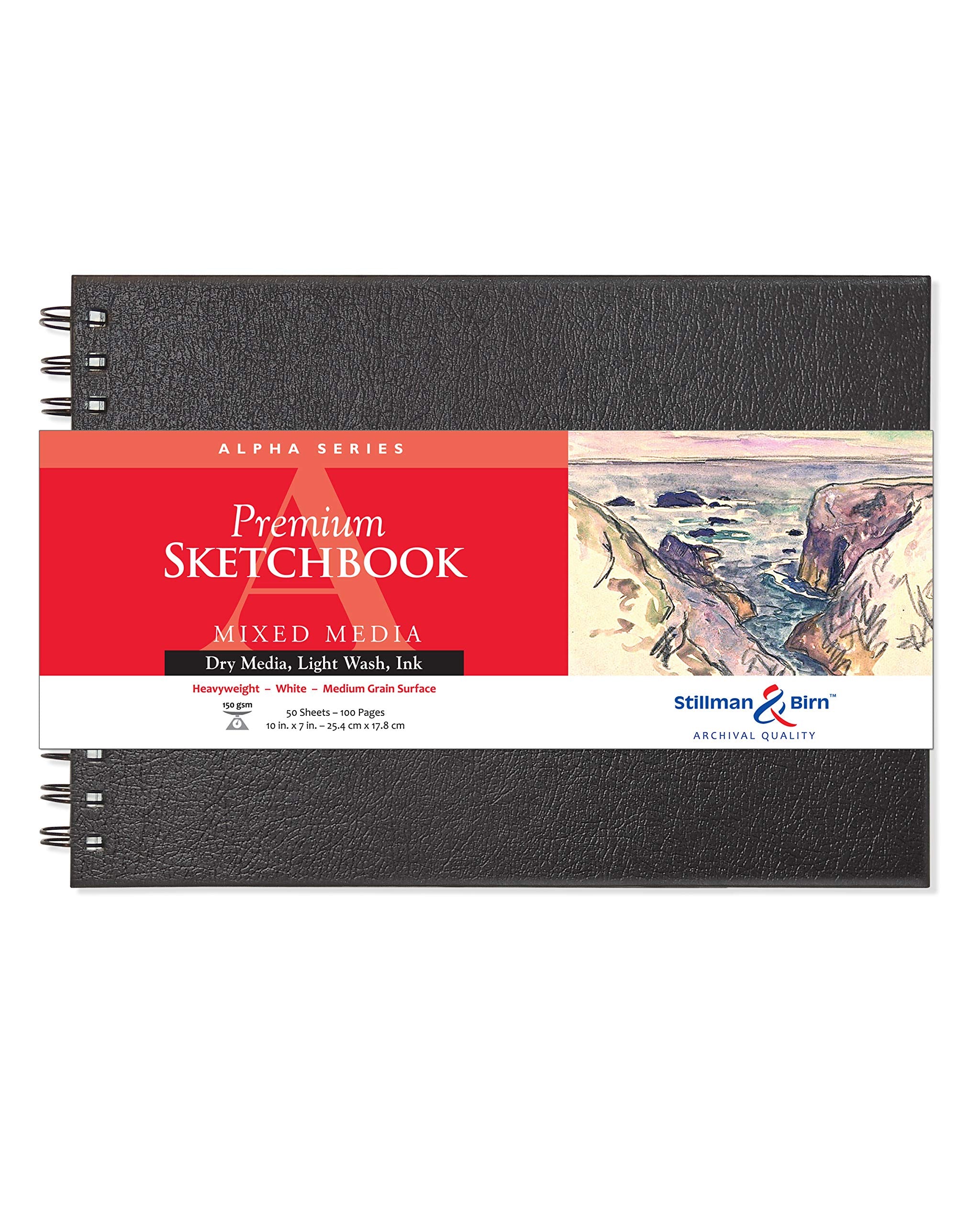 Cuaderno de bocetos de espiral de la serie Alpha de Stillman & Birn, formato horizontal, 10 x 7, papel blanco de 150 g/m²