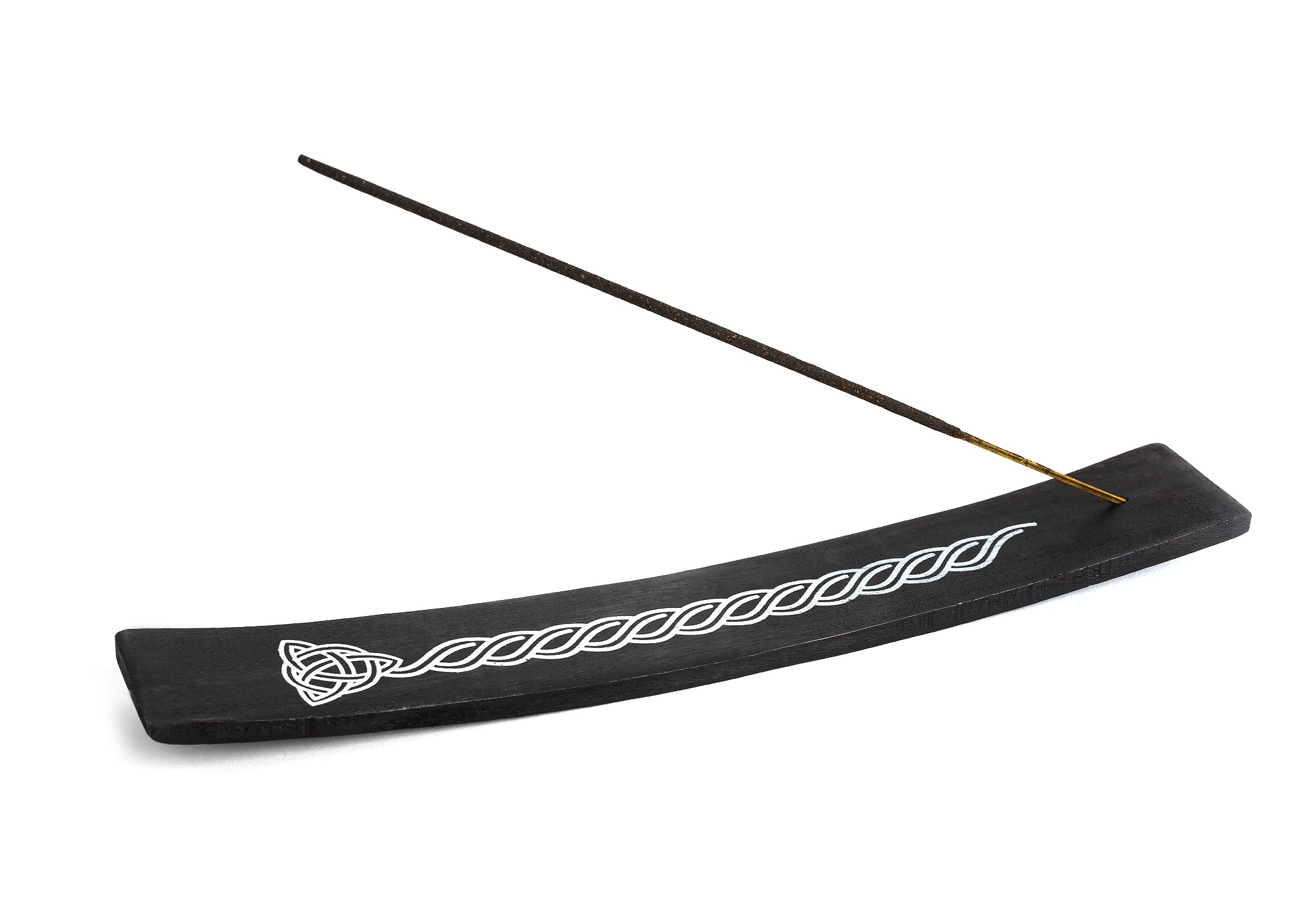 Porta incienso de madera para varillas Triquetra de madera pintada de negro de 10 pulgadas de largo